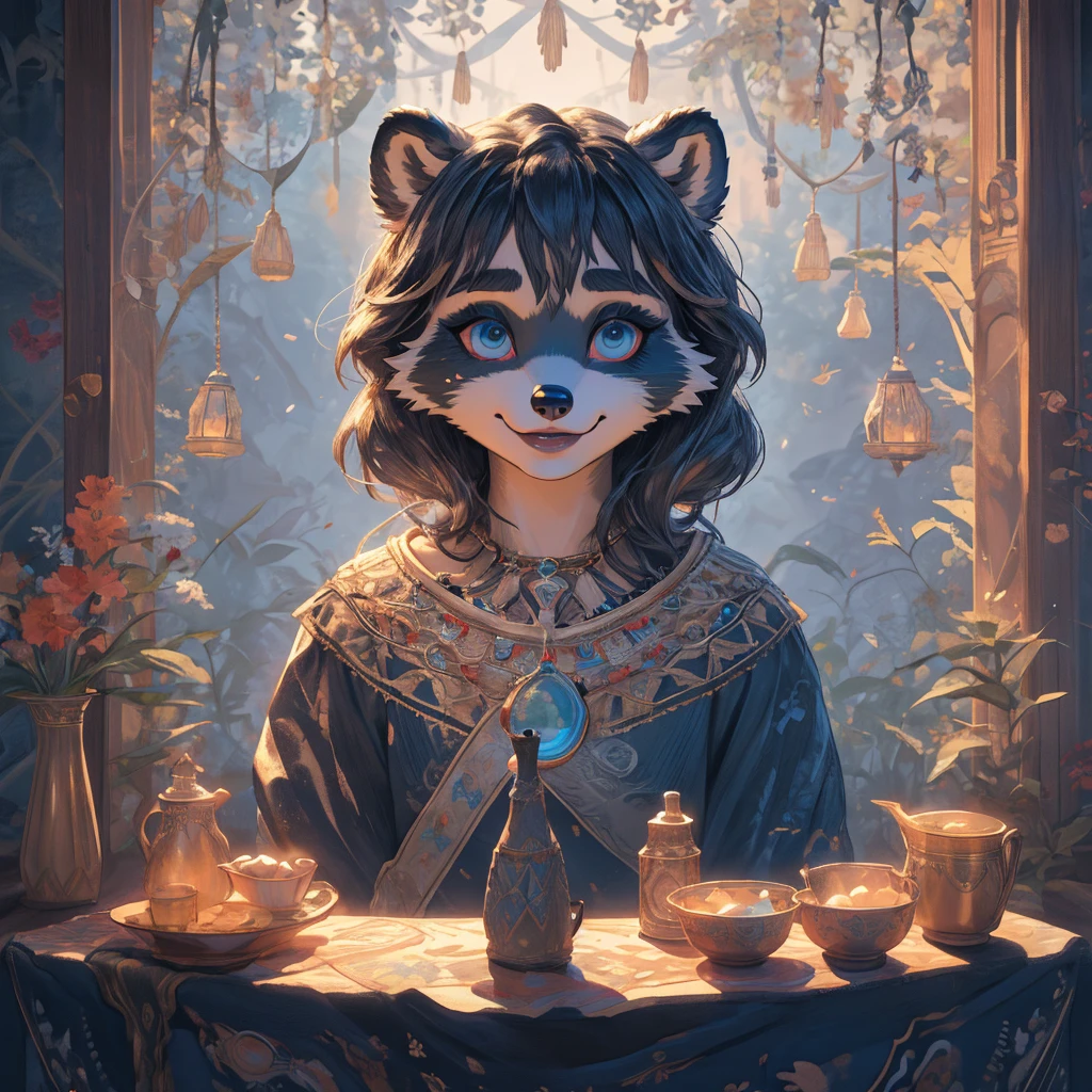Create an illustrated, hand-drawn, full-color image of an anthropomorphic raccoon girl. The artwork should be rendered in the style of "Breath of the Wild," featuring warm lighting and shadows. Include graphite shading, stencil marks, and airbrushed acrylic paint effects. The image should be of the highest quality, a masterpiece with intricate details. The raccoon girl should have a female, humanoid, furry appearance with grey skin. She should have luscious lips, a wide smile, and bright, expressive eyes, exuding beauty, cuteness, and adorableness. Ensure the image is high resolution and sharply detailed, with a detailed and vibrant background. Incorporate mystical lighting in the background, creating a romantic and enchanting atmosphere.
