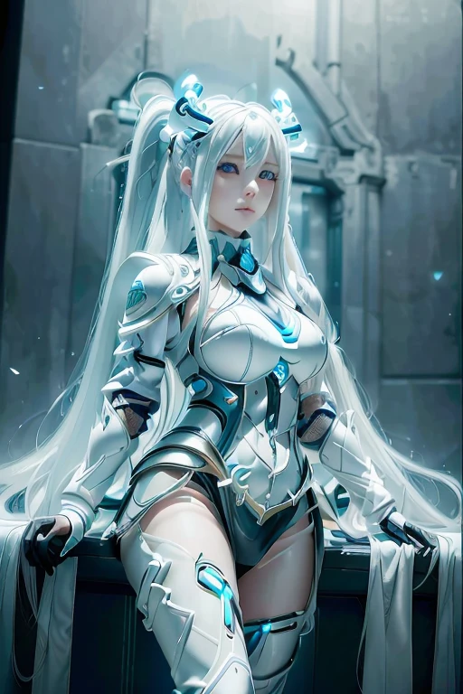 (ultra detail res), girl, very long hair, twin tail hair style, white hair color, dodger blue eyes color, perfect body, ultra detailed eyes, ultra detail face, ultra detailed skin, wearing fantastic full body armor, necklace, eyesight on viewer, eye contact, smile, various stylish poses, garden