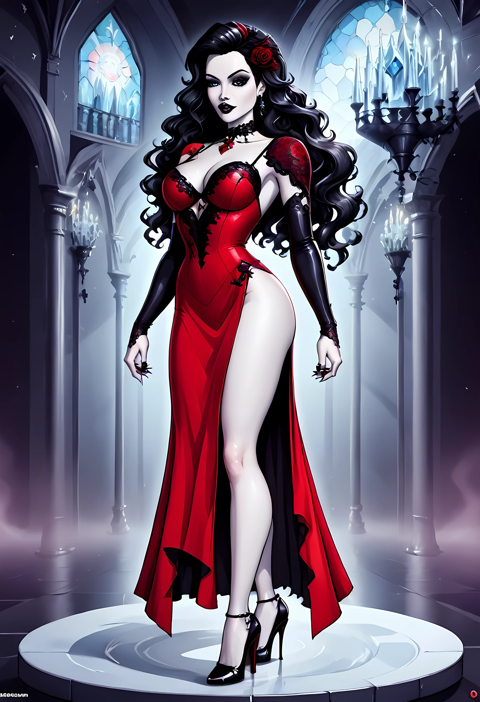 Dark fantasy art, fantasy art, goth art,  a picture of a female vampire, exquisite beauty, full body shot, dark glamour shot,  pale white skin, dark blond hair, long hair, wavy hair, (icy grey: 1.3) eyes,  she  wears a (red: 1.5) dress, ArmoredDress, the dress is decorated with (black: 1.5)  roses mad-neon-noir, betmd, high heels, dark castle background, porchm, RagingNebula