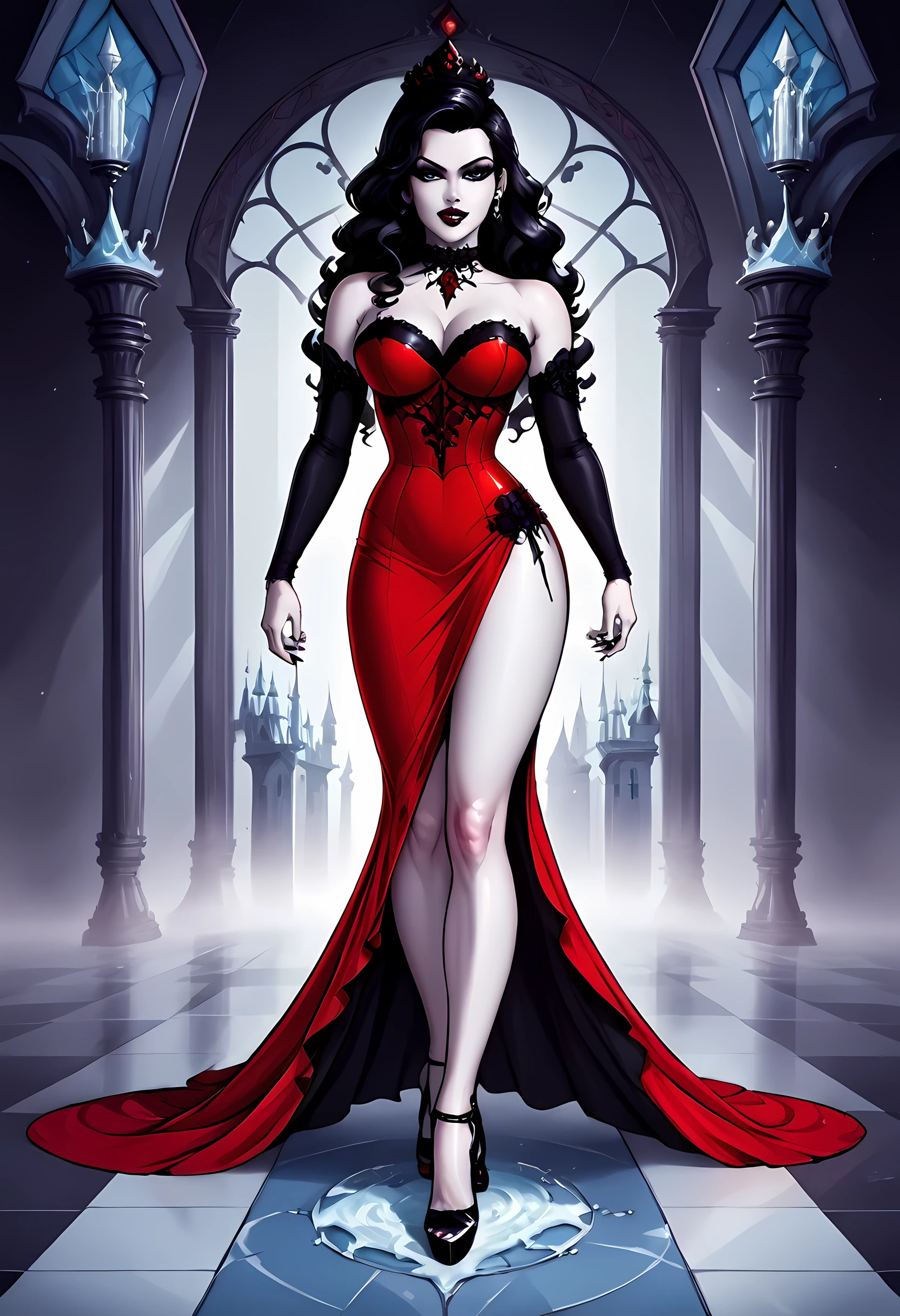 Dark fantasy art, fantasy art, goth art,  a picture of a female vampire, exquisite beauty, full body shot, dark glamour shot,  pale white skin, dark blond hair, long hair, wavy hair, (icy grey: 1.3) eyes,  she  wears a (red: 1.5) dress, ArmoredDress, the dress is decorated with (black: 1.5)  roses mad-neon-noir, betmd, high heels, dark castle background, porchm, RagingNebula