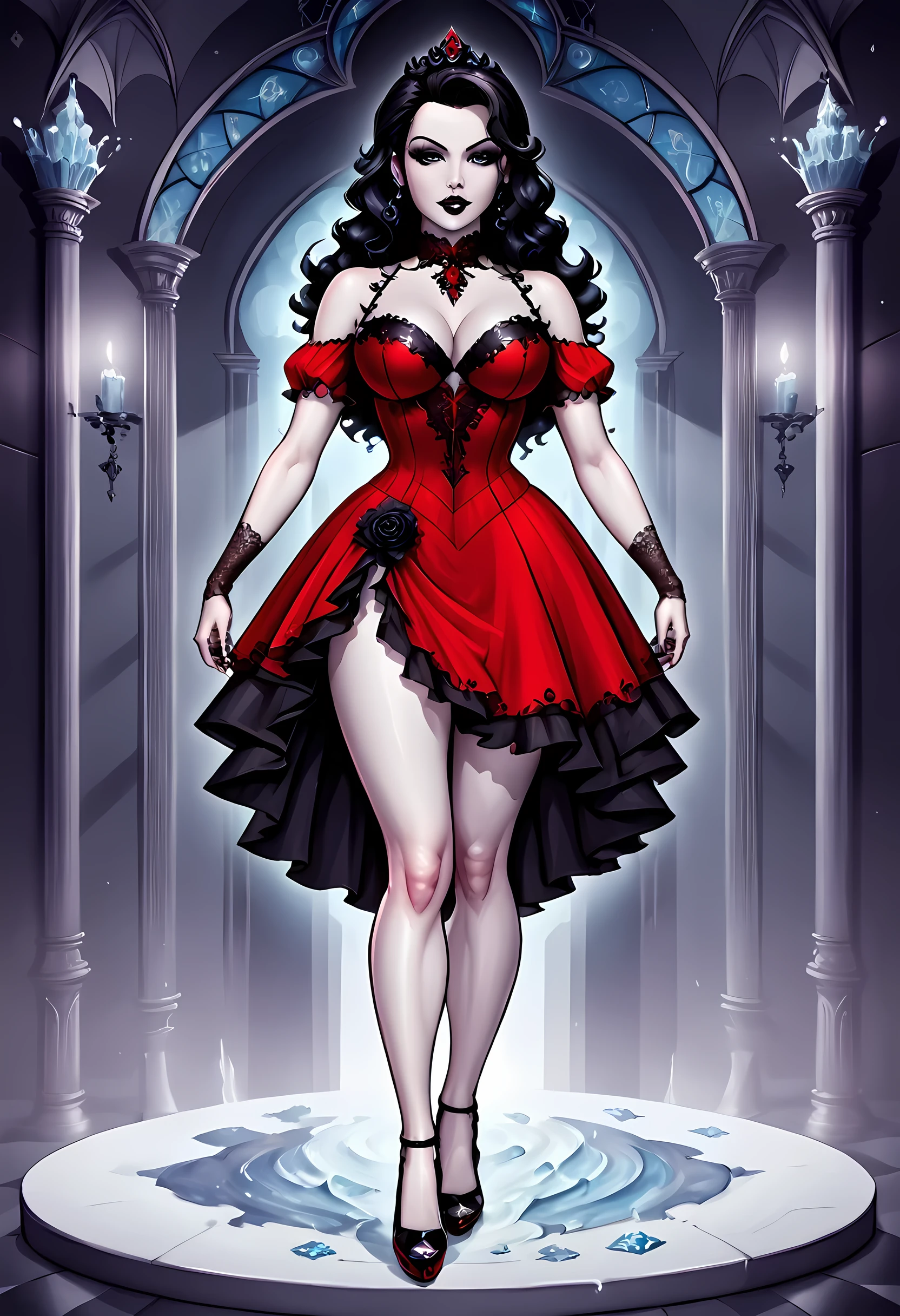 Dark fantasy art, fantasy art, goth art,  a picture of a female vampire, exquisite beauty, full body shot, dark glamour shot,  pale white skin, dark blond hair, long hair, wavy hair, (icy grey: 1.3) eyes,  she  wears a (red: 1.5) dress, ArmoredDress, the dress is decorated with (black: 1.5)  roses mad-neon-noir, betmd, high heels, dark castle background, porchm, RagingNebula