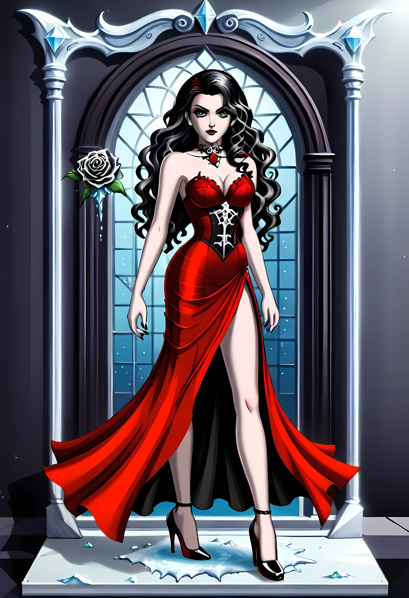 Dark fantasy art, fantasy art, goth art, a picture of a female vampire, exquisite beauty, full body shot, dark glamour shot, pale white skin, dark blond hair, long hair, wavy hair, (icy grey: 1.3) eyes, she wears a (red: 1.5) dress, ArmoredDress, the dress is decorated with (black: 1.5) roses mad-neon-noir, betmd, high heels, dark castle background, porchm, RagingNebula