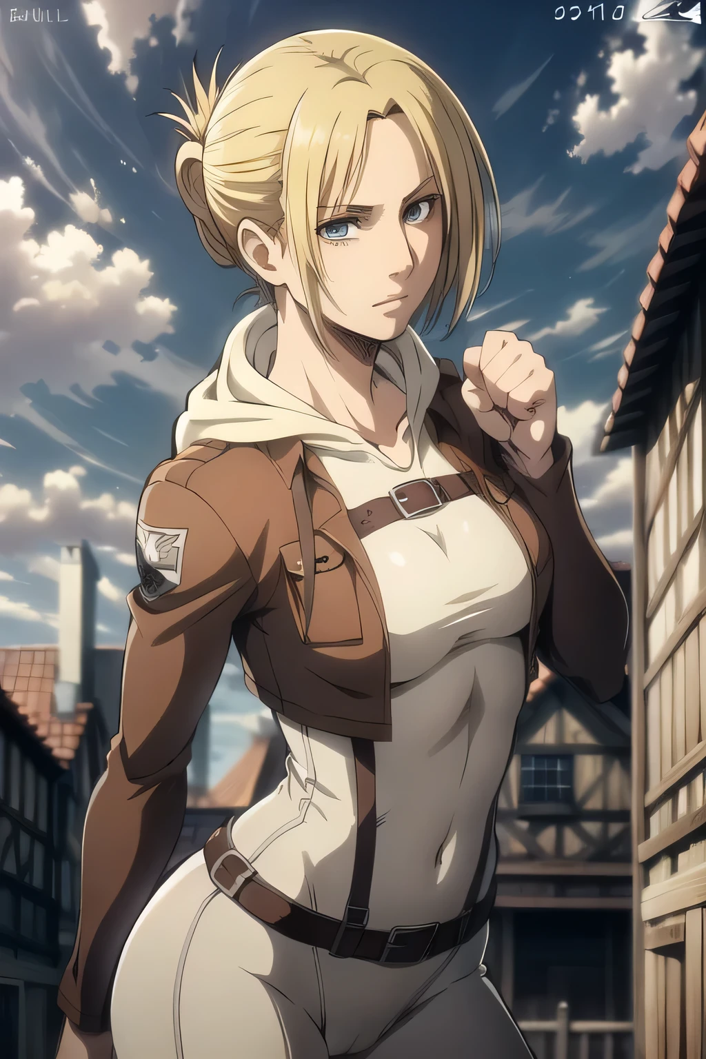 , masterpiece, highest quality, Super detailed, ray tracing, hdR, Depth of the bounds written, (perfect face, detailed face, fine eyes), 8K, hd, highest quality, Super detailed, shining eyes, Fair skin,
upright, combat readiness, clench your fist, combat readiness, closed hands, punching, punch, small breasts, beautiful small breasts, wide hips, tight waist, pink lips, long eyelashes, tied hair, strong color, in a medieval town, adult body, adult face, Annie AOT, Annie AOT, pants, white pants, hood, Day, heaven_army_uniform, null, cloud, Jacket, outdoor, uniform, symbol, training_corps_\(symbol\), belt, boots, thigh_strap, Three dimensions_maneuver_Equipment, investigation_corps_\(symbol\), ((tight clothes)), shining blue eyes, tired eyes, Bonde Hair, big nose, greek nose, Harness, alone, 1 girl, masterpiece, highest quality, High resolution, Harness, ((masterpiece)), highest quality, Fair skin, notably long eyelashes, cute face, perfect face, high quality face, mature face,((realistic)),cameltoe,nsfw,)nude)