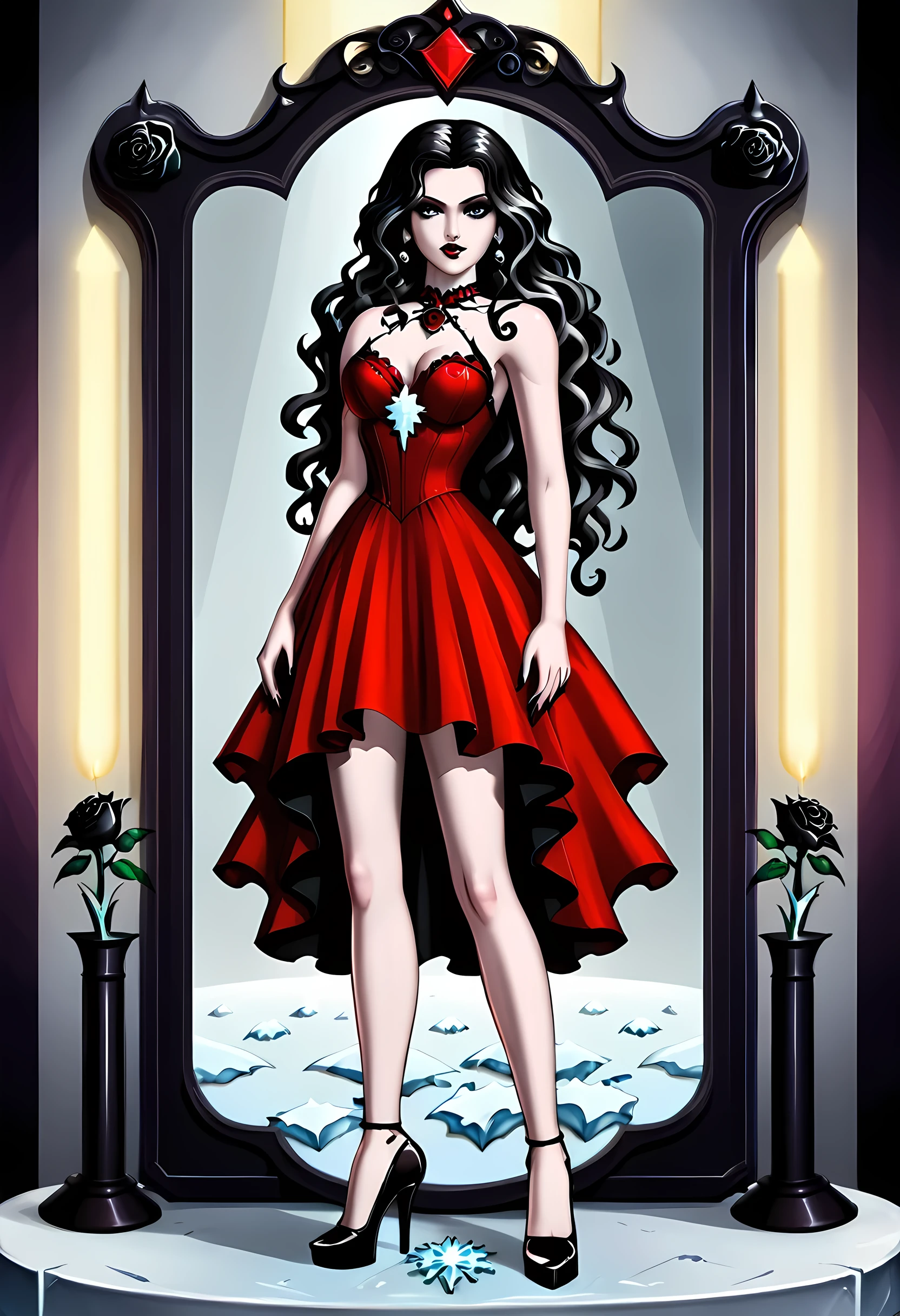 Dark fantasy art, fantasy art, goth art,  a picture of a female vampire, exquisite beauty, full body shot, dark glamour shot,  pale white skin, dark blond hair, long hair, wavy hair, (icy grey: 1.3) eyes,  she  wears a (red: 1.5) dress, ArmoredDress, the dress is decorated with (black: 1.5)  roses mad-neon-noir, betmd, high heels, dark castle background, porchm, RagingNebula