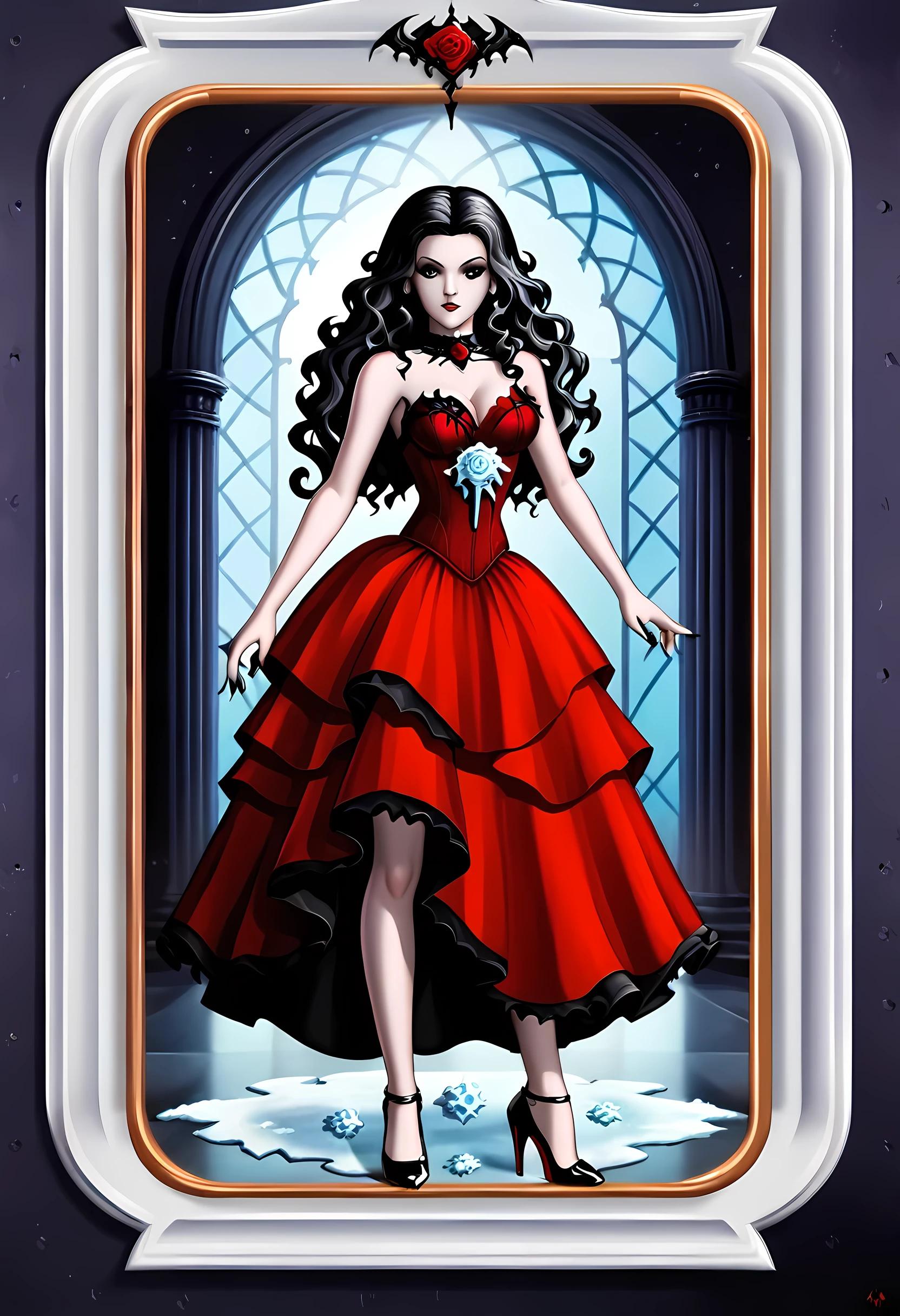 Dark fantasy art, fantasy art, goth art,  a picture of a female vampire, exquisite beauty, full body shot, dark glamour shot,  pale white skin, dark blond hair, long hair, wavy hair, (icy grey: 1.3) eyes,  she  wears a (red: 1.5) dress, ArmoredDress, the dress is decorated with (black: 1.5)  roses mad-neon-noir, betmd, high heels, dark castle background, porchm, RagingNebula