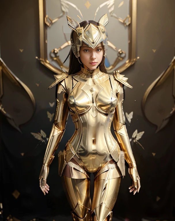 ((Dressed from head  to toe in gold metallic romper tight fittings body Armor)) A shiny gold helmet with clear visor for the eyes is on top her head. the girl has blue eyes and carries a long broad sword  with a black and mixed gold handle. ((Gold Robot orgami -shaped butterflies are next to her))