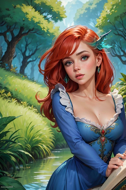 uma pintura de uma mulher com um vestido verde parada em uma floresta, capa de romance de fantasia para jovens adultos, portrait of princess merida, realistic fantasy illustration, inspirado em Ruth Sanderson, retrato de personagem de fantasia, pintura de fantasia realista, Fey Queen of the Summer Forest, pintura de capa de livro de fantasia, cavalo michael (Motor irreal, arte de fantasia celta, lindo retrato de arte de fantasia, 8k, SexyToon