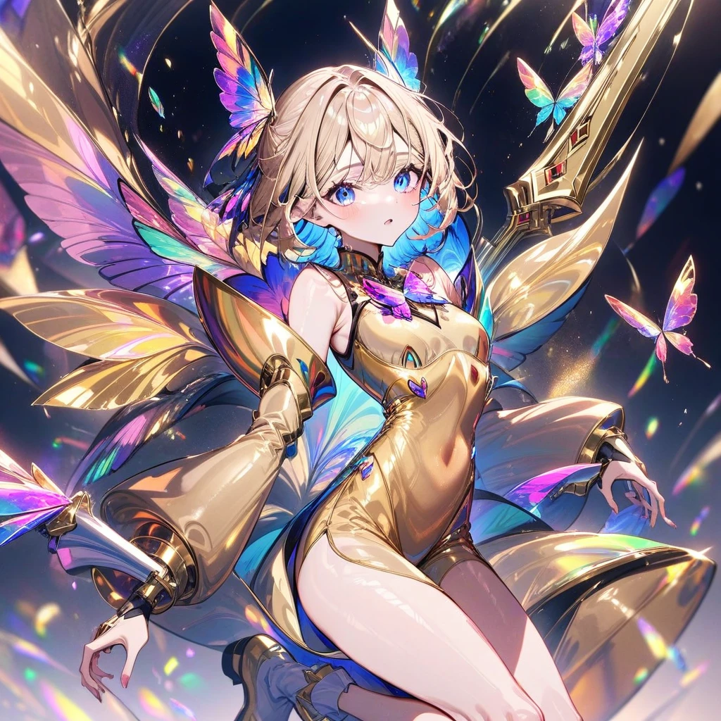 ((Dressed from head to toe in gold metallic romper tight fittings body Armor)) A shiny gold helmet with clear visor for the eyes is on top her head. the girl has blue eyes and Blonde hair. Carries a long broad sword with a black and mixed gold handle. ((Gold Robot orgami -shaped butterflies are next to her))
