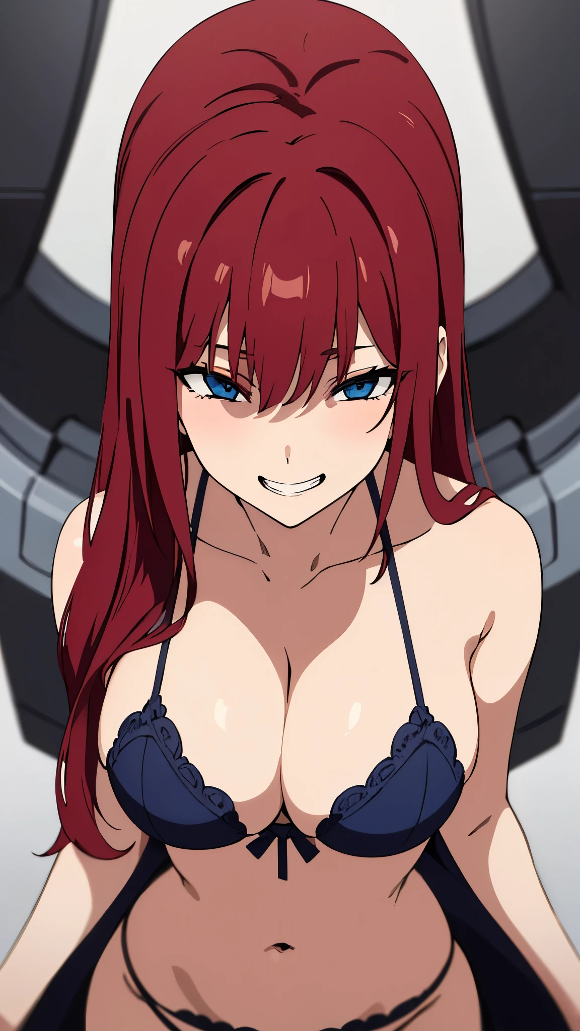 ((Masterpiece: 1.4, Best Quality))+,(Ultra Detail)+, masterpiece, best quality, blue eyes, long hair, red hair color, 1 girl, grin, massive breasts, big breasts, sexy lingerie, remove background, sexy pose, upper body, cowboy shot, upper view,