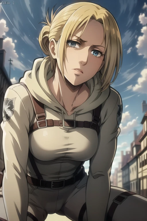 , masterpiece, highest quality, Super detailed, ray tracing, hdR, Depth of the bounds written, (perfect face, detailed face, fine eyes), 8K, hd, highest quality, Super detailed, shining eyes, Fair skin,
upright, combat readiness, clench your fist, combat readiness, closed hands, punching, punch, small breasts, beautiful small breasts, wide hips, tight waist, pink lips, long eyelashes, tied hair, strong color, in a medieval town, adult body, adult face, Annie AOT, Annie AOT, pants, white pants, hood, Day, heaven_army_uniform, null, cloud, Jacket, outdoor, uniform, symbol, training_corps_\(symbol\), belt, boots, thigh_strap, Three dimensions_maneuver_Equipment, investigation_corps_\(symbol\), ((tight clothes)), shining blue eyes, tired eyes, Bonde Hair, big nose, greek nose, Harness, alone, 1 girl, masterpiece, highest quality, High resolution, Harness, ((masterpiece)), highest quality, Fair skin, notably long eyelashes, cute face, perfect face, high quality face, mature face,((realistic)),cameltoe,nsfw,)nude) from behind, pumped up ass