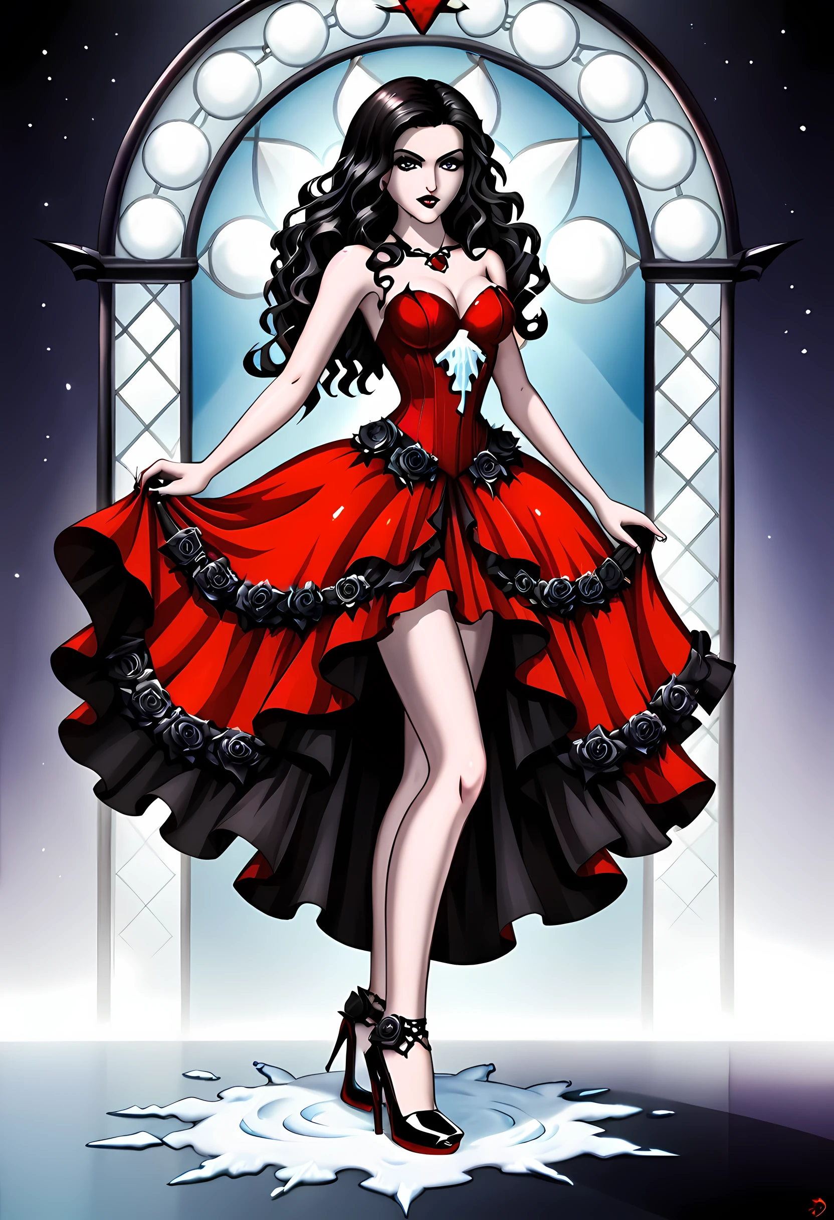 Dark fantasy art, fantasy art, goth art, a picture of a female vampire, exquisite beauty, full body shot, dark glamour shot, pale white skin, dark blond hair, long hair, wavy hair, (icy grey: 1.3) eyes, she wears a (red: 1.5) dress, ArmoredDress, the dress is decorated with (black: 1.5) roses mad-neon-noir, betmd, high heels, dark castle background, porchm, RagingNebula
