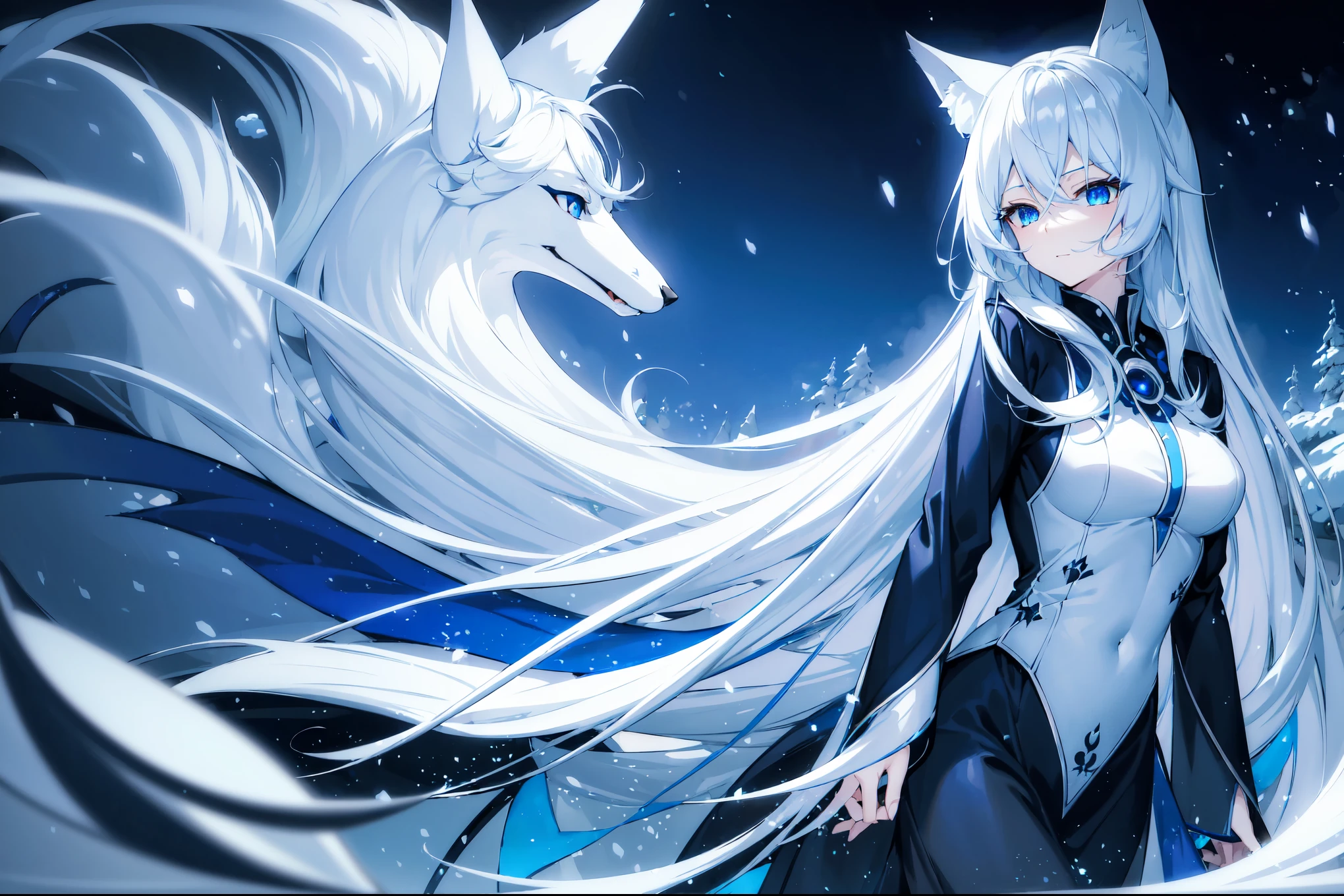 (best quality,highres,masterpiece:1.2),(flatten art:0.7), masterpiece, best quality, 1woman, Anime, darker environment, long white hair, ao dai, blue demon eyes, white fox ear, large breast, white fox tail, enticing, night, dark, looking at viewer, solo, winter, snow, faint moonlight, smug face, close-up