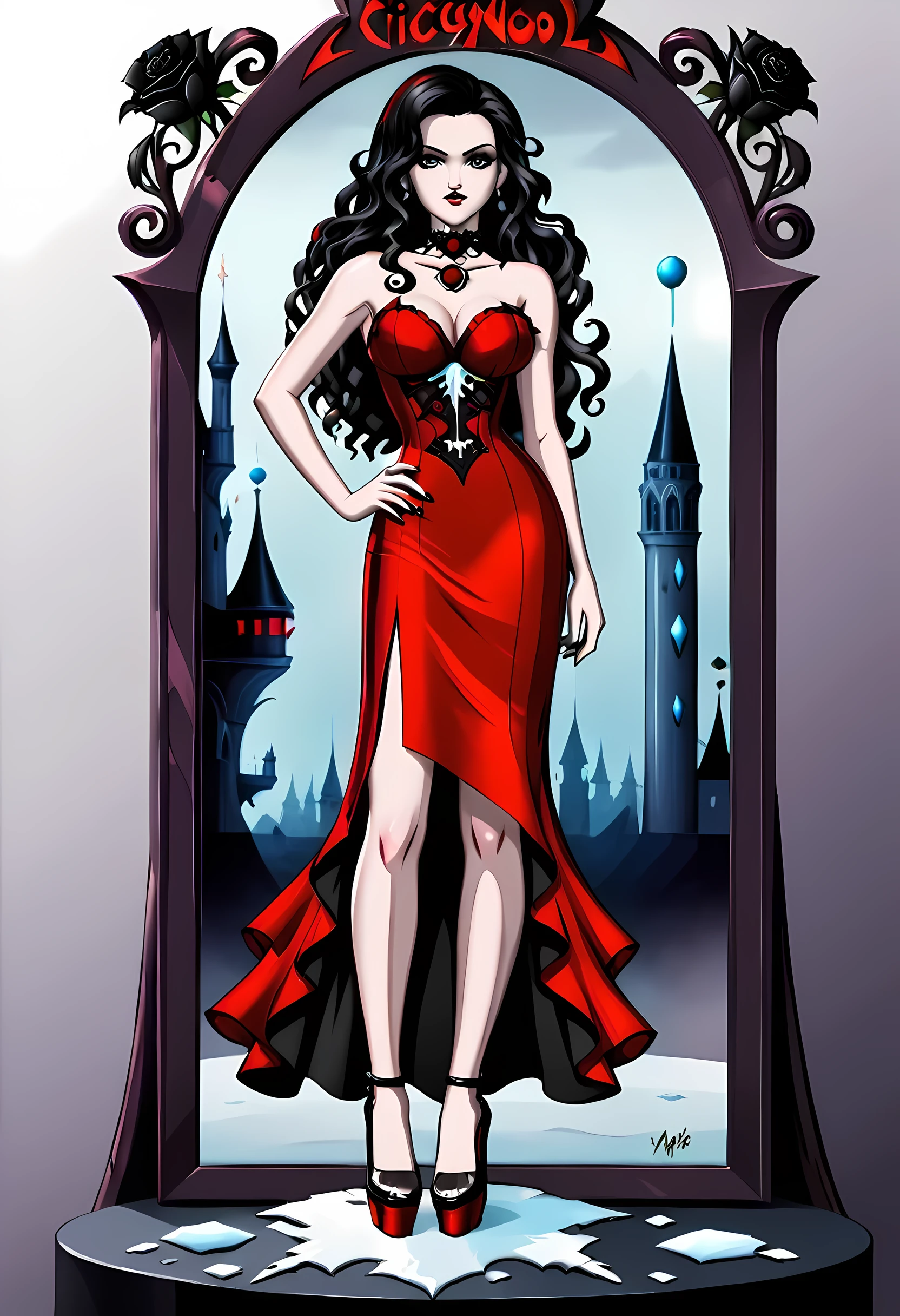 Dark fantasy art, fantasy art, goth art,  a picture of a female vampire, exquisite beauty, full body shot, dark glamour shot,  pale white skin, dark blond hair, long hair, wavy hair, (icy grey: 1.3) eyes,  she  wears a (red: 1.5) dress, ArmoredDress, the dress is decorated with (black: 1.5)  roses mad-neon-noir, betmd, high heels, dark castle background, porchm, RagingNebula