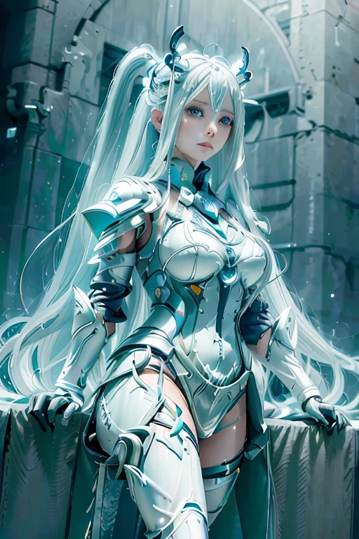 (ultra detail res), girl, very long hair, twin tail hair style, white hair color, dodger blue eyes color, perfect body, perfect face detail, ultra detailed eyes, ultra detail face, ultra detailed skin, 
wearing fantastic full body armor, holding ice blade, necklace, 
eyesight on viewer, eye contact, smile, various stylish poses, walking, stone road