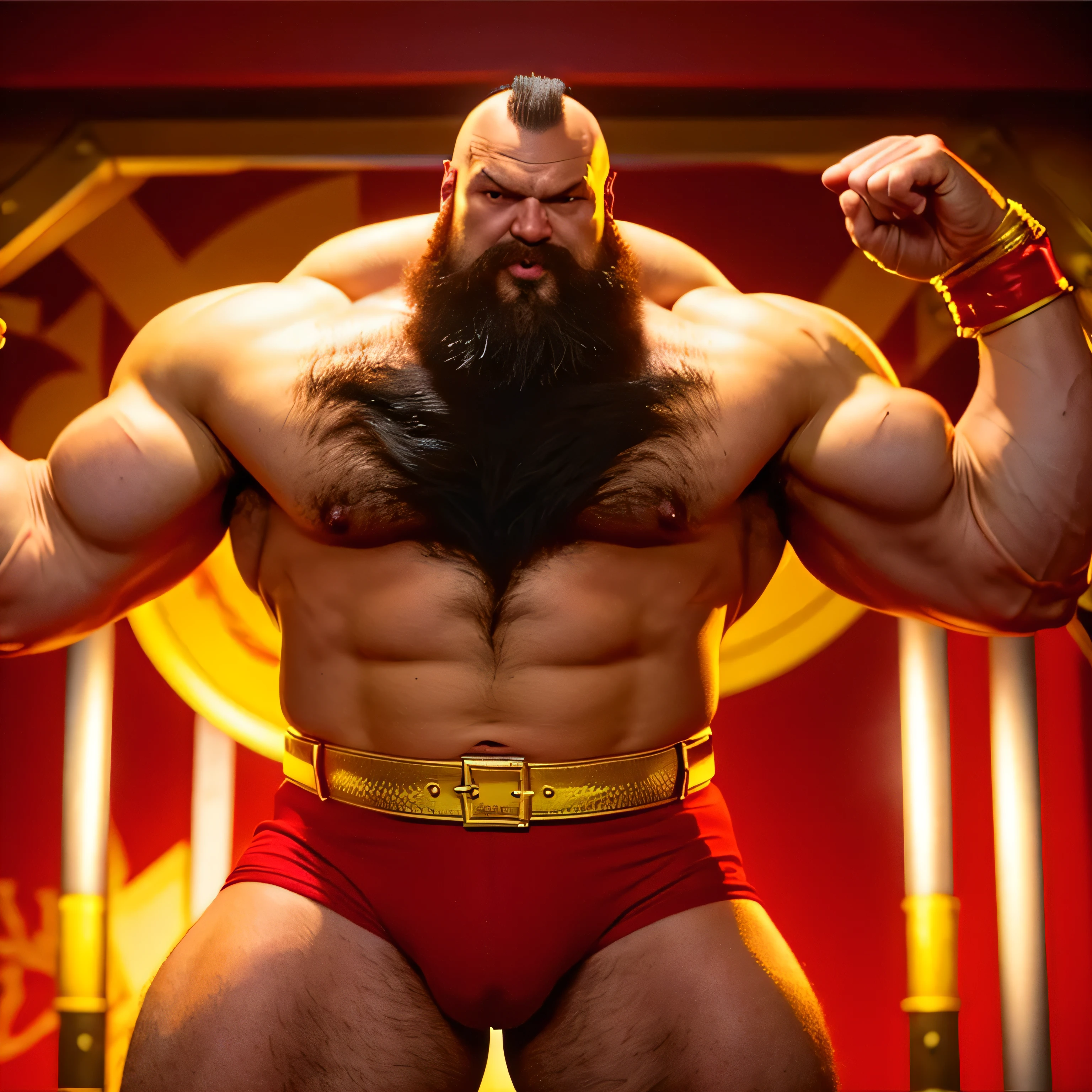 zangief,a man with a beard and a golden belt, fighting game character, street fighter 5,muscled humanoid,heavy looking,buff man,wrestler,Red short briefs,capcom,street fighter,shirtless,muscular male,chest hair,visually weighty,bearded man,mohawk hair,best quality