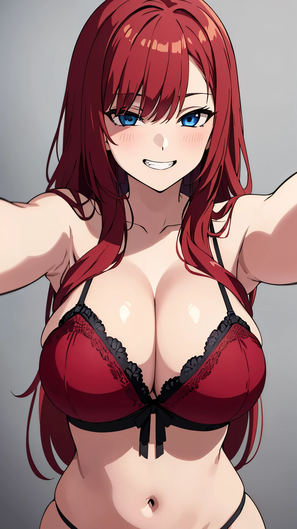 ((Masterpiece: 1.4, Best Quality))+,(Ultra Detail)+, masterpiece, best quality, blue eyes, long hair, red hair color, 1 girl, grin, massive breasts, big breasts, sexy lingerie, remove background, sexy pose, selfie, upper body, cowboy shot,