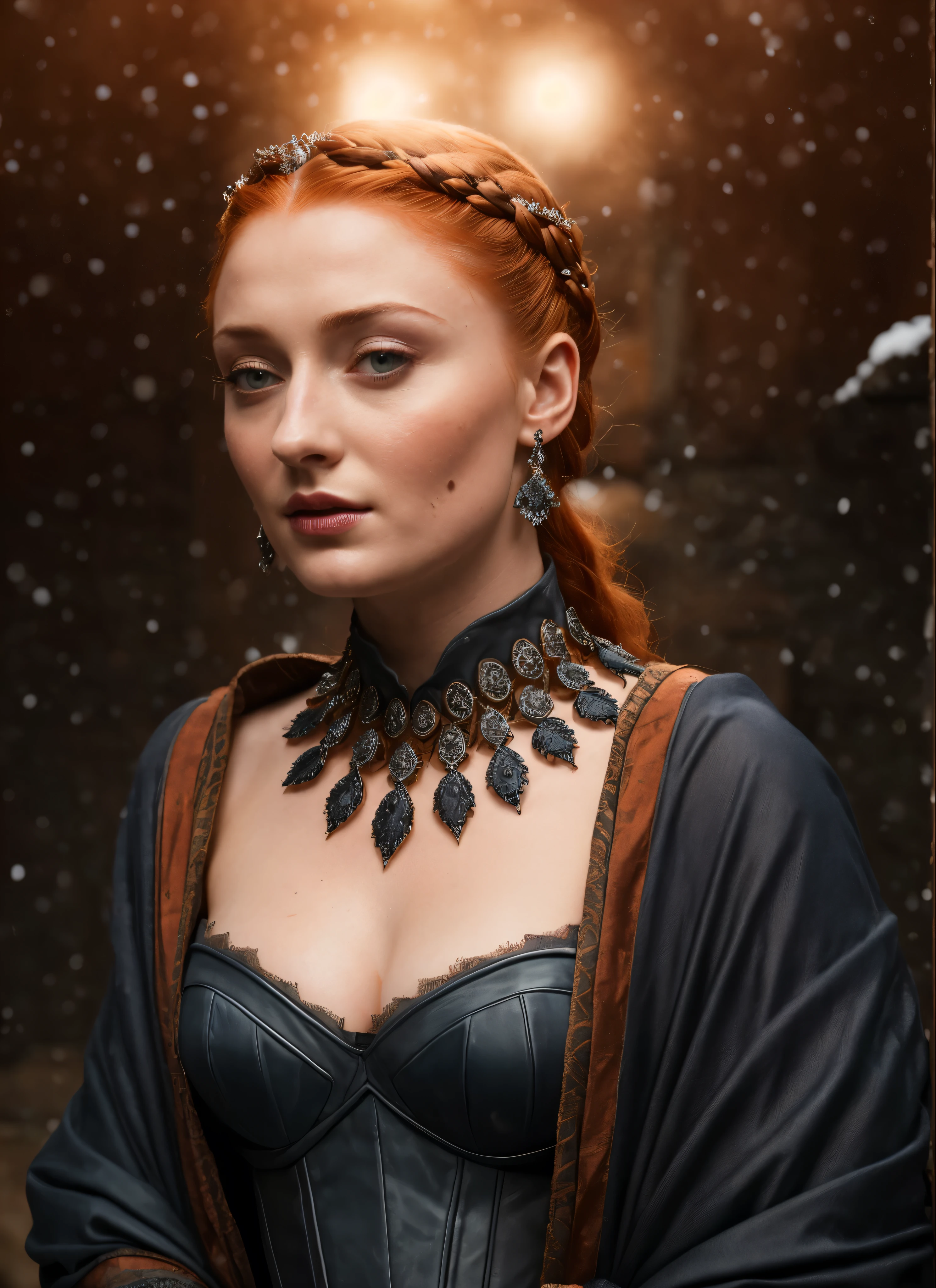 Face of Sophie Turner, Sansa Stark played by Sophie Turner, the de facto Lady of the Eyrie, is a 45-year-old mature queen with a stunning, alluring appearance. Full Face, Full figured woman, heavy physique, thick thighs, pierced eyes, reddish lips, upper body shot, erotic Mediaeval costumes, game of thrones costumes, She wears a Game of Thrones-inspired costume and has a deep cleavage, a perfect thick body, and a perfect thick figure. The photograph captures her in a close-up, with her skin texture and facial features being ultra-realistic and realistic. Juicy thick figure, high quality skin, Skin pores, amazing details, snow, snow flakes, semi realistic, extremely detailed eyes, dark moody orange and black settings, cool environment, artificial intelligence, winter, winter scene, insane details,
