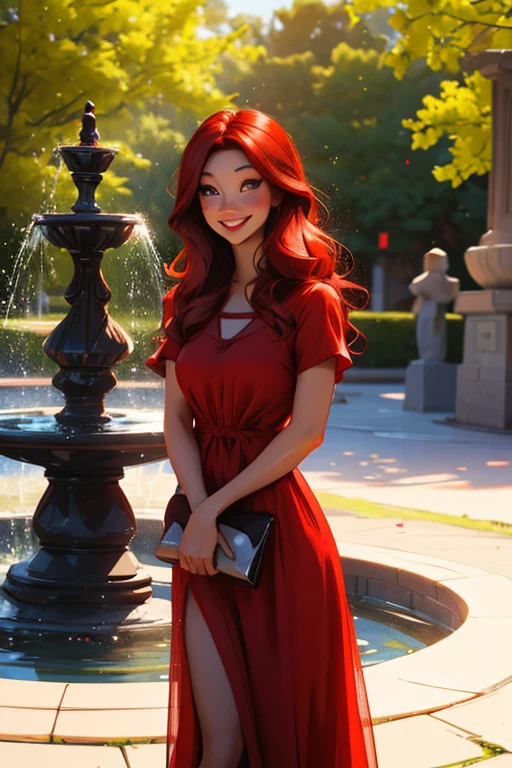 a red haired woman with red eyes and an hourglass figure in a cute summer dress is smiling by a water fountain at the park