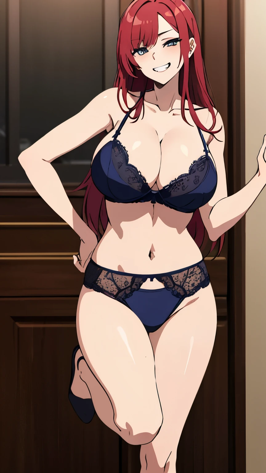 masterpiece, best quality, blue eyes, long hair, red hair color, 1 girl, grin, massive breasts, big breasts, sexy lingerie, remove background, sexy pose, standing on one leg, front view, cowboy shot,