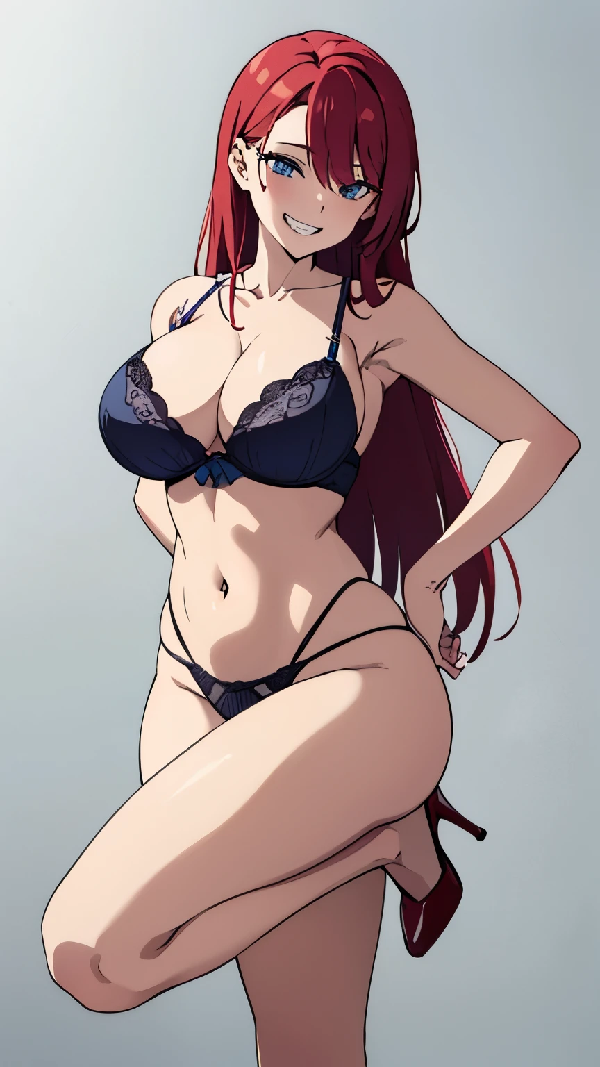 masterpiece, best quality, blue eyes, long hair, red hair color, 1 girl, grin, massive breasts, big breasts, sexy lingerie, remove background, sexy pose, standing on one leg, high heels, front view, cowboy shot,