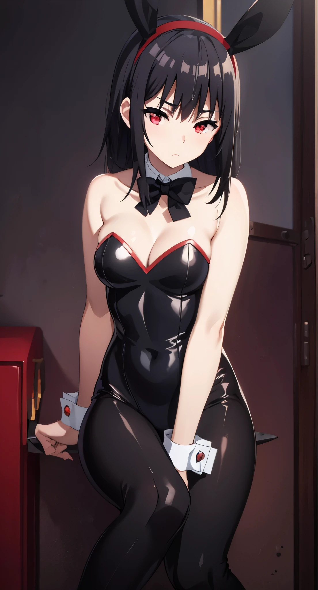 black hair,red eyes,masterpiece, best quality, photorealistic,bunny girl,nunny suit,bunny ears