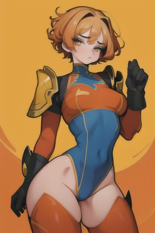 Full pose of a 2D girl in the style of Boku no Hero with (short curly hair) (hair orange color) , (red hero costume) 