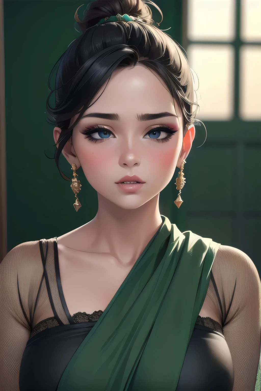 (best quality, 4k, highres, masterpiece:1.2), ultra-detailed, realistic:1.37, portraits, vivid colors, sharp focus, studio lighting, physically-based rendering, extreme detail description, sexy woman, beautiful detailed eyes, beautiful detailed lips, messy bun, amazing makeup, intense blush, flustered, lustful expression, black blouse, sheer dark green saree, hot