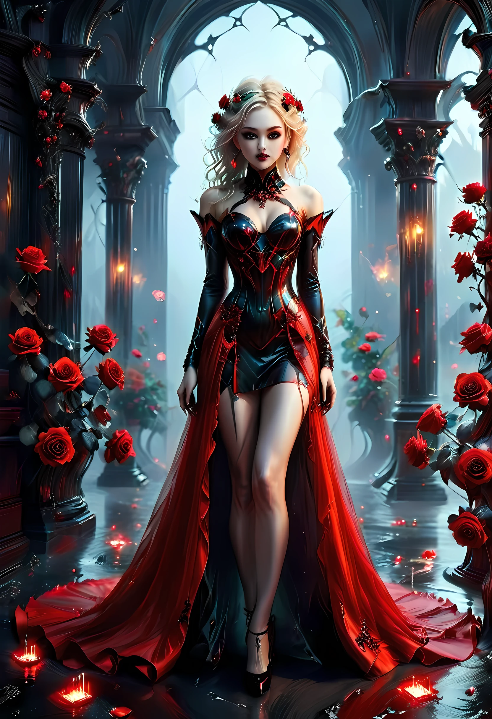 Dark fantasy art, fantasy art, goth art,  a picture of a female vampire, exquisite beauty, full body shot, dark glamour shot,  pale white skin, dark blond hair, long hair, wavy hair, (grey: 1.3) eyes,  she  wears a (red: 1.5) dress, ArmoredDress, the dress is decorated with (black: 1.5)  roses mad-neon-noir, betmd, high heels, dark castle background, porchm, RagingNebula