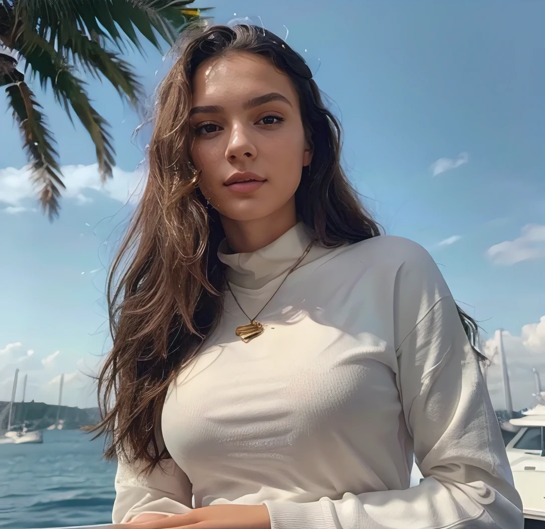 This woman's name is Ailina, Ailina is 18 years old, Ailina is a woman of Russian origin living in America, Ailina has wheat skin, Ailina has brown eyes, Ailina's hair is wavy, Ailina's jaw lines are quite prominent, Ailina is 175 cm tall, Ailina is her lips are slightly full, Ailina is laughing, Ailina has a big gold necklace around her neck, Ailina is wearing a white tracksuit, the tracksuit is eye-catching and very beautiful, Ailina is only visible from the waist up, Ailina is sitting on a super luxury yacht, the weather is sunny , the environment is bright. (warm lighting), (dramatic shadows), (Vivid colors), (photorealistic), (8k), (Highly detailed), (masterpiece).