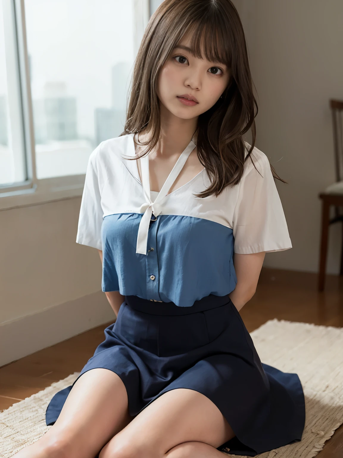 (((Masterpiece，Highest quality，Ultra-high resolution)))，(((極めてdetailed，detailed)))，((Highest quality，8K，16K，))，Japanese，high school girl，Girls&#39; School，Gal，cute，Beauty，Large Breasts，H Cup，sexy，glamorous，Private high school summer uniform，cardigan，blouse(Wearing clothes next to the skin)，mini skirt，loose socks，gymシューズ，gym，lecture hall，((高校の学園祭のミスコンで壇上するhigh school girlが観客と応援している友達に手を振る様子))