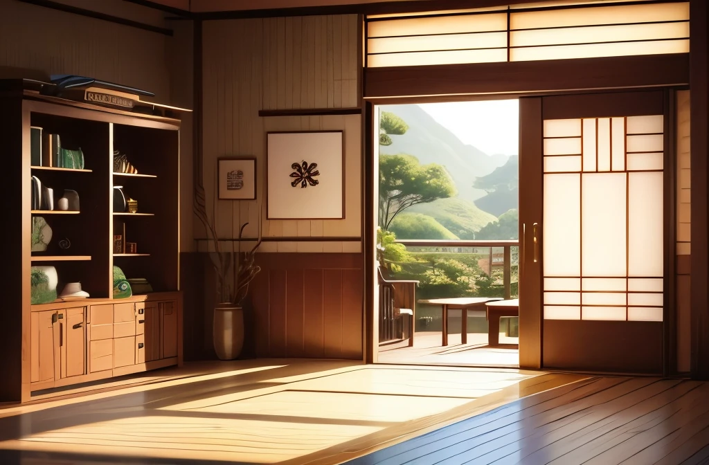 highest quality, Super detailed, figure, Washitsu, scenery, , indoors, scroll, 花 pot, door, tatami, shelf, Realistic, Photo background