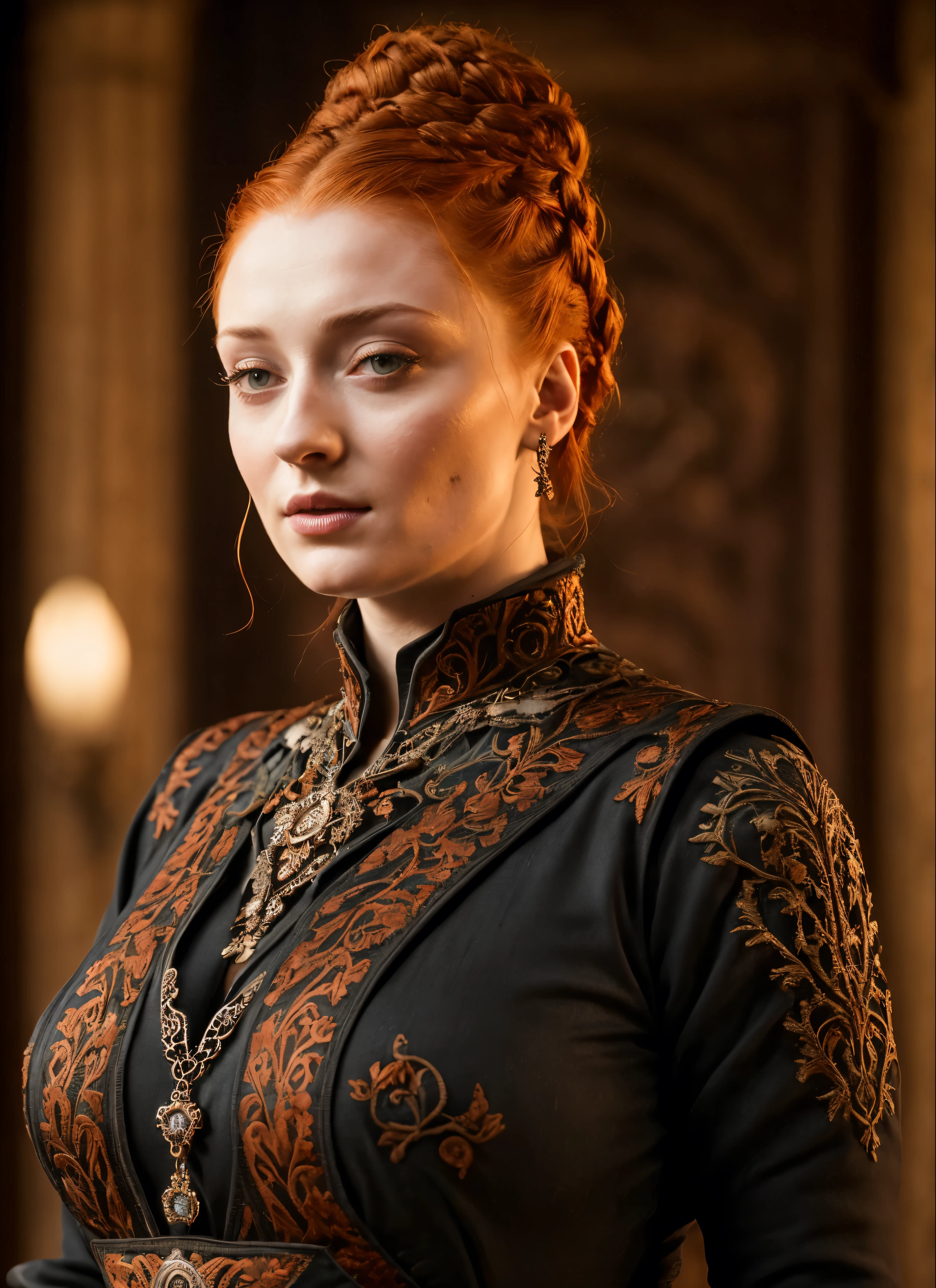 Face of Sophie Turner, Sansa Stark played by Sophie Turner, the de facto Lady of the Eyrie, is a 40-year-old mature queen with a stunning, alluring appearance. Full Face, pierced eyes, reddish lips, upper body shot, erotic Mediaeval costumes, game of thrones costumes, She wears a Game of Thrones-inspired costume and has a deep cleavage, a perfect thick body, and a perfect thick figure. The photograph captures her in a close-up, with her skin texture and facial features being ultra-realistic and realistic. Juicy thick figure, high quality skin, Skin pores, amazing details, snow, snow flakes, semi realistic, extremely detailed eyes, dark moody orange and black settings, cool environment, artificial intelligence