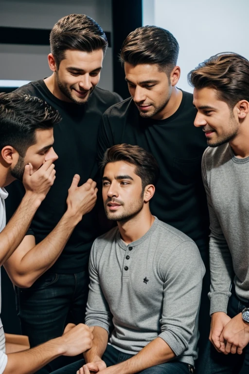 friends male group 30 years old wearing a casual clothes,  talking to each other  highlights with a wedding rings detailed, innocent face, natural brushed up hair, hazel eyes, Handsome 10 people, 10 people handsome, Casual clothes, A hyper-realistic, talking between friends  expression,  on a stage talking with a young people  hiquality, Friends group, Nikon, Canon, Fujifilm, HD, 4K, 8k