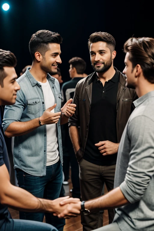 friends male group 30 years old wearing a casual clothes, talking to each other highlights with a wedding rings detailed, innocent face, natural brushed up hair, hazel eyes, Handsome 10 people, 10 people handsome, Casual clothes, A hyper-realistic, talking between friends expression, on a stage talking with a young people hiquality, Friends group, Nikon, Canon, Fujifilm, HD, 4K, 8k