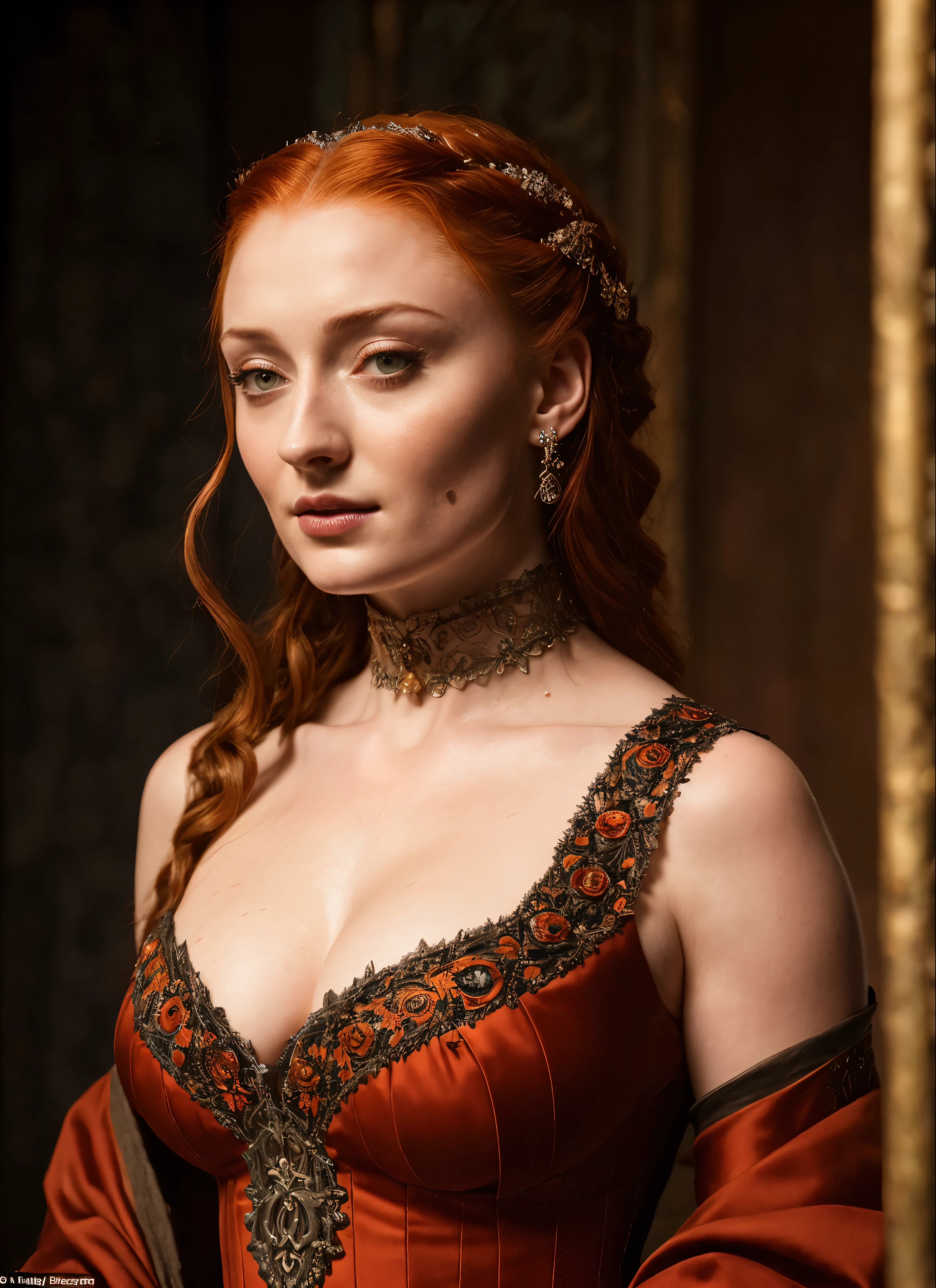 Face of Sophie Turner, Sansa Stark played by Sophie Turner, the de facto Lady of the Eyrie, is a 40-year-old mature queen with a stunning, alluring appearance. Full Face, pierced eyes, reddish lips, upper body shot, erotic Mediaeval costumes, game of thrones costumes, She wears a Game of Thrones-inspired costume and has a deep cleavage, a perfect thick body, and a perfect thick figure. The photograph captures her in a close-up, with her skin texture and facial features being ultra-realistic and realistic. Juicy thick figure, high quality skin, Skin pores, amazing details, snow, snow flakes, semi realistic, extremely detailed eyes, dark moody orange and black settings, cool environment, artificial intelligence