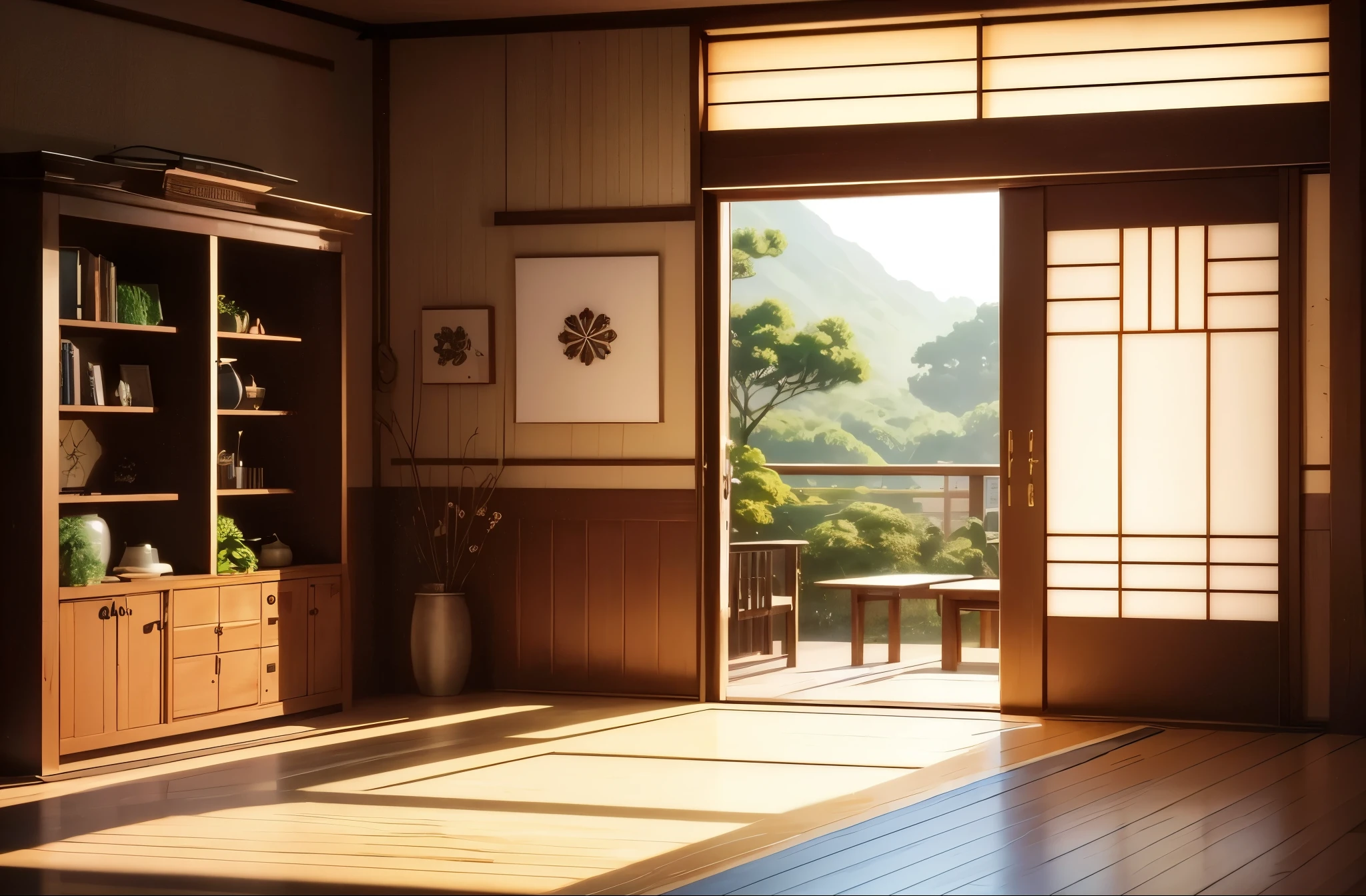 highest quality, Super detailed, figure, Washitsu, scenery, , indoors, scroll, 花 pot, door, tatami, Realistic, Photo background