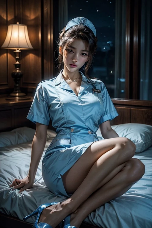 Beautiful woman in a blue and white nurse outfit、1 girl、Delicate face、Detailed eyes and face、double eyelid、Glossy lips、Dark brown updo、Nurse Cosplay、Highly detailed costume、Mature sexy woman、very beautiful、A beautiful woman、8K,highest quality, masterpiece、Ultra-high resolution、Full body portrait, Official Art、High-definition skin texture、Sharp long legs、indoor、night、Starry Sky、Crescent Moon