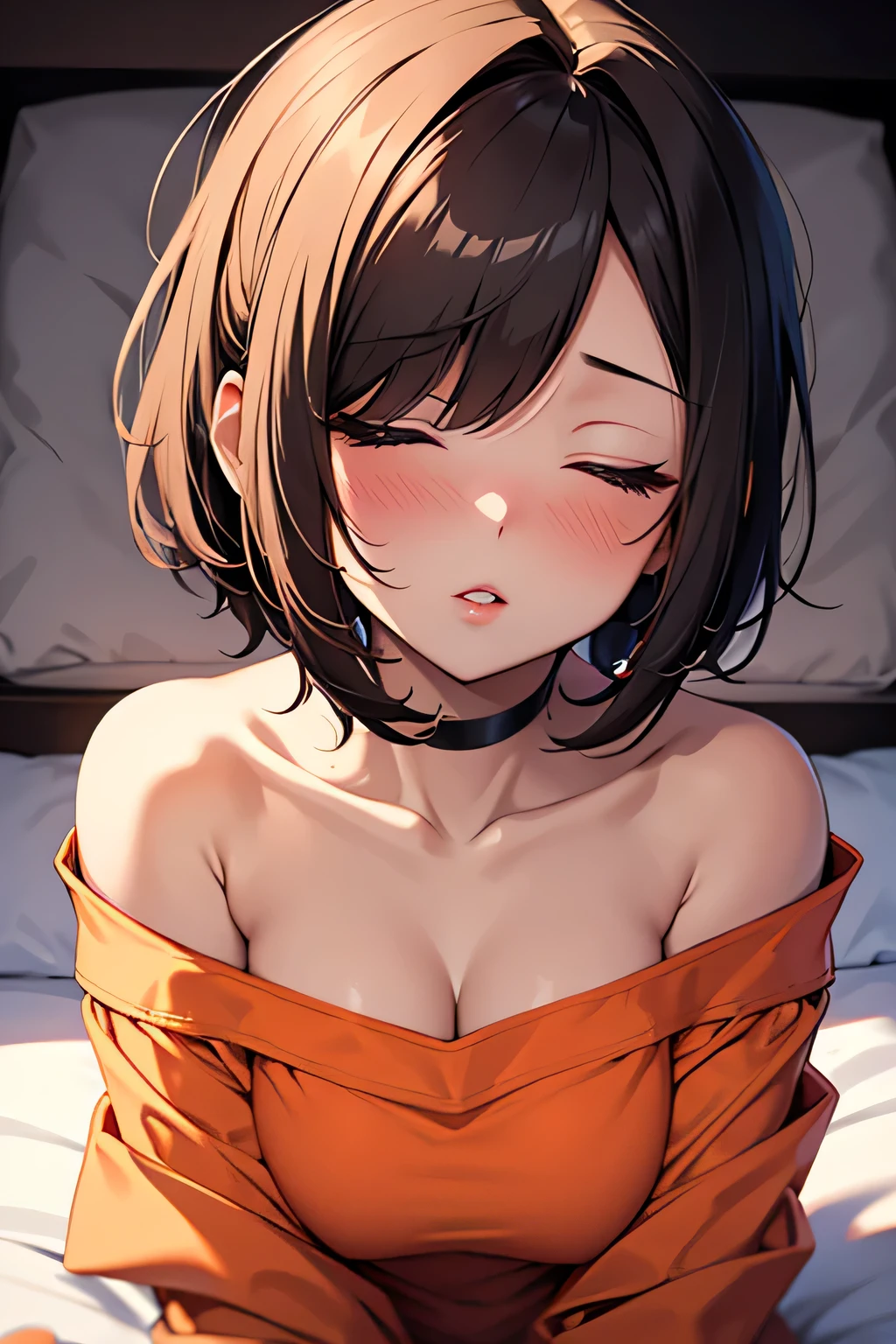 Amazing portrait of a sexy and cute girl with a short bob hairstyle and a seductive gaze who is blushing intensely with parted lips and is desperate and flustered and lustful wearing an off shoulder orange t shirt showcasing her bare shoulder while lying on bed