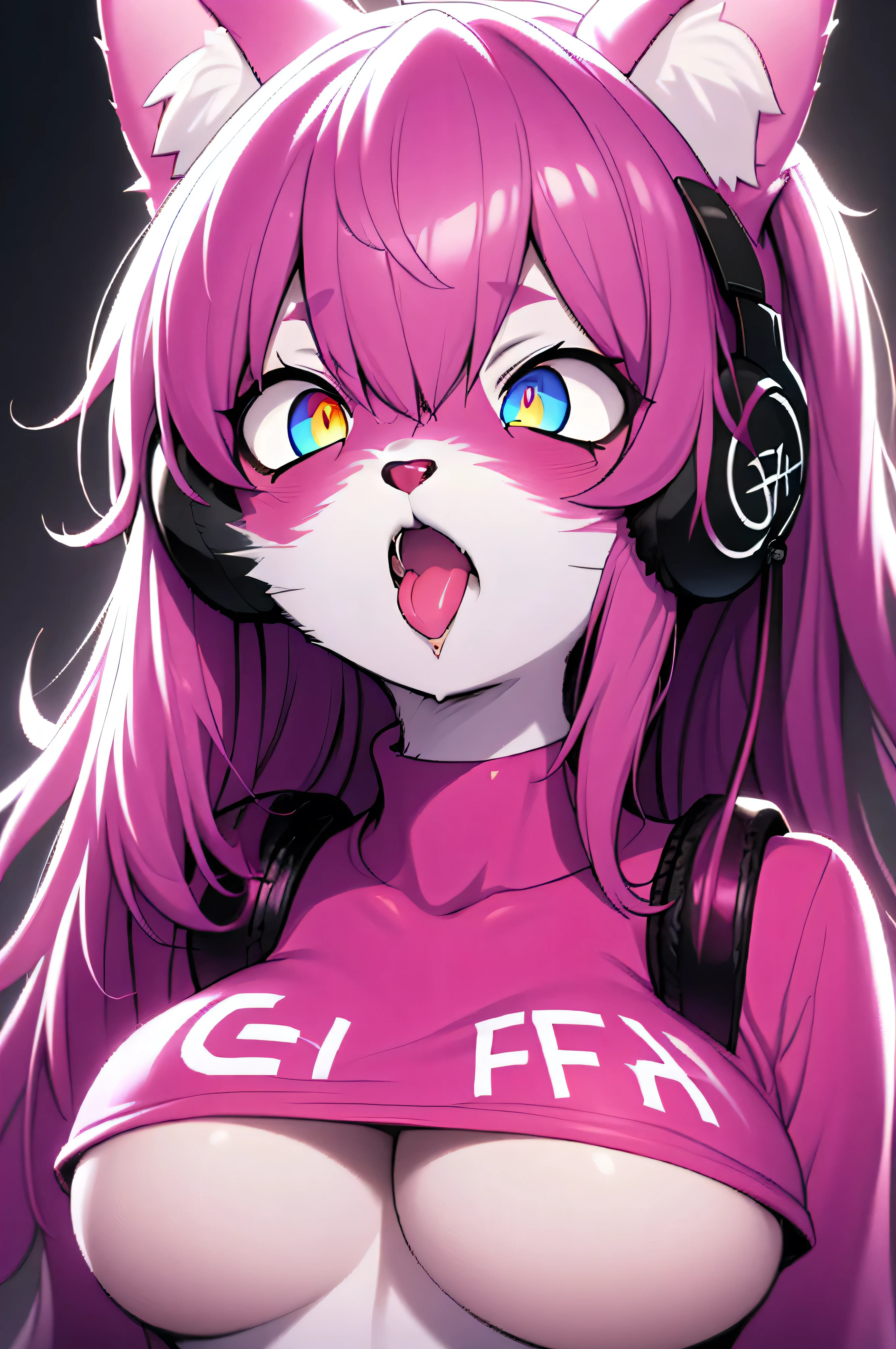 Masterpiece, 1girl, multi color eyes, glowing eyes, purple hair, red lips, upper body, bangs, high ponytail, bangs to the side, long curly, messy hair, busty, pink Tshirt, big breast, huge breasts, ahegao, pink shirt, underboob, ahegao face, cross eyed, drool, red headphones, furry, animal ears, furry skin, fur, animal, cat woman, furry woman, no whiskers, (illustration), (anime), detailed, ((intricate details)), hdr, ((intricate details, hyperdetailed)) headshot, head in frame, full frame, perfect centering, head in photo, shot from top, looking up, portrait, perfect headshot, perfect shot, vibrant colors