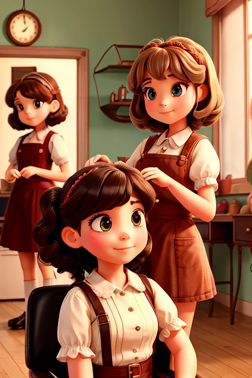 Two girls, vintage hair studio, one girl taking care another girl hair