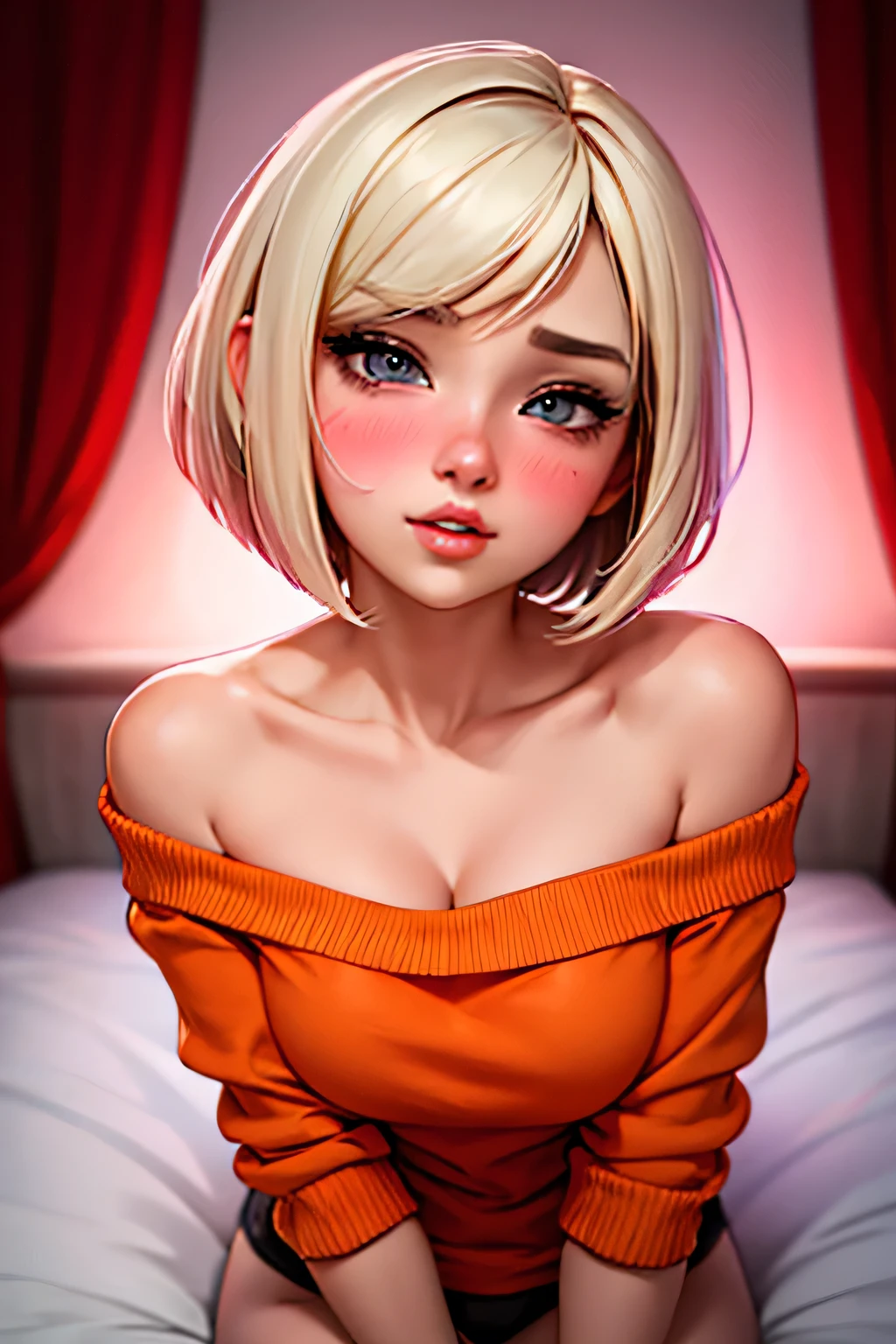 Amazing portrait of a sexy and cute girl with a short bob hairstyle and a seductive gaze who is blushing intensely with parted lips and is desperate and flustered and lustful wearing an off shoulder orange t shirt showcasing her bare shoulder while lying on bed