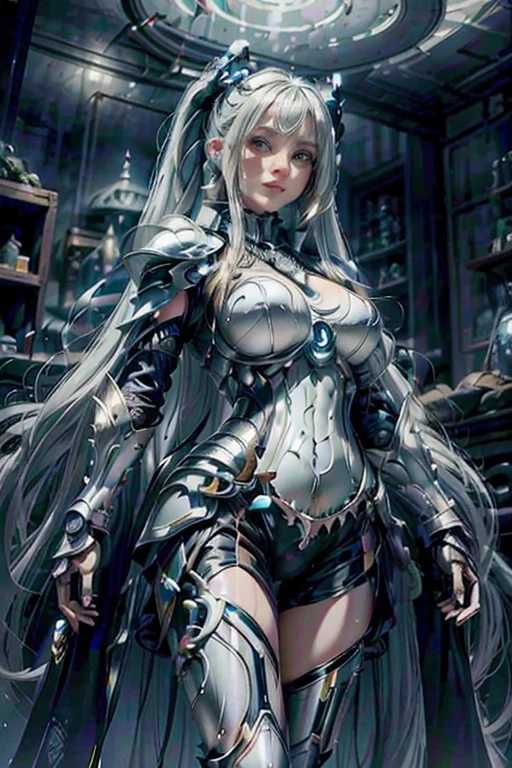 (ultra detail res), girl, very long hair, twin tail hair style, white hair color, dodger blue eyes color, perfect body, perfect face detail, ultra detailed eyes, ultra detail face, ultra detailed skin, 
wearing fantastic full body armor, necklace, 
eyesight on viewer, eye contact, smile, various stylish poses, close up