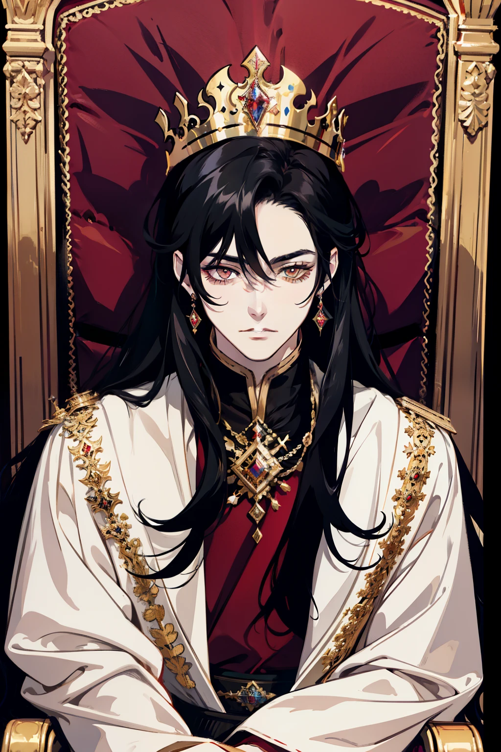 1 male, solo, masterpiece, best quality, (grin, looking back:0.5), (black hair, hair parted, long hair, fluffy hair:1.0), crimson eyes, pale skin, royalty, golden headpiece, throne, Middle Ages, fantasy, confident, regal