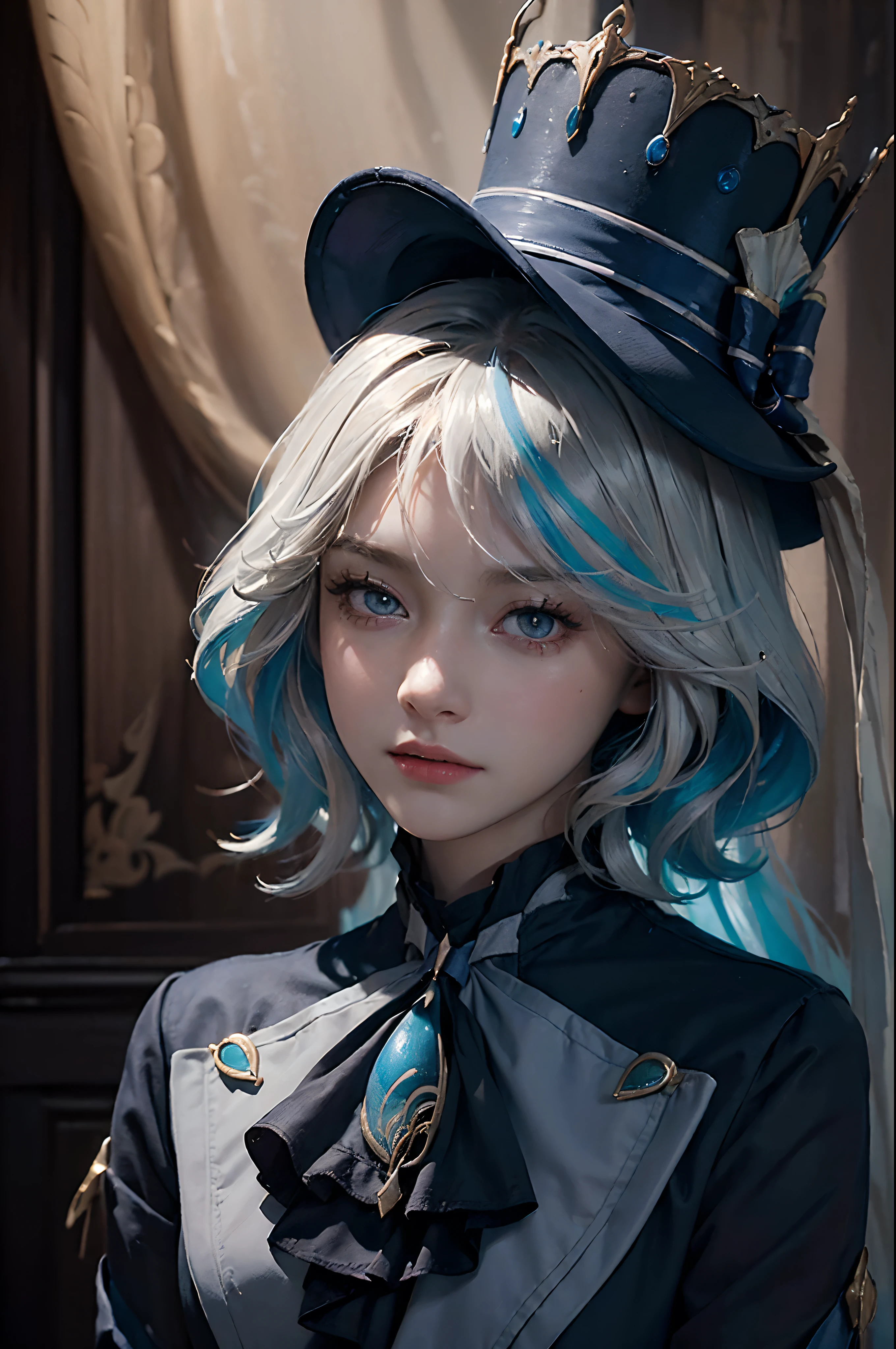 (in the dark:1.6), Surrealist Portraits of Women by David Hockney and Alphonse Mucha,fantasy art, Realistic picture, dynamic light, art station, poster, Volumetric light, The page is very detailed., 4 ก, won,, 1 girl, in the dark, deep shadow, low voice,cowboy shoot,(formal clothes:1.4) ,long hair,white hair,