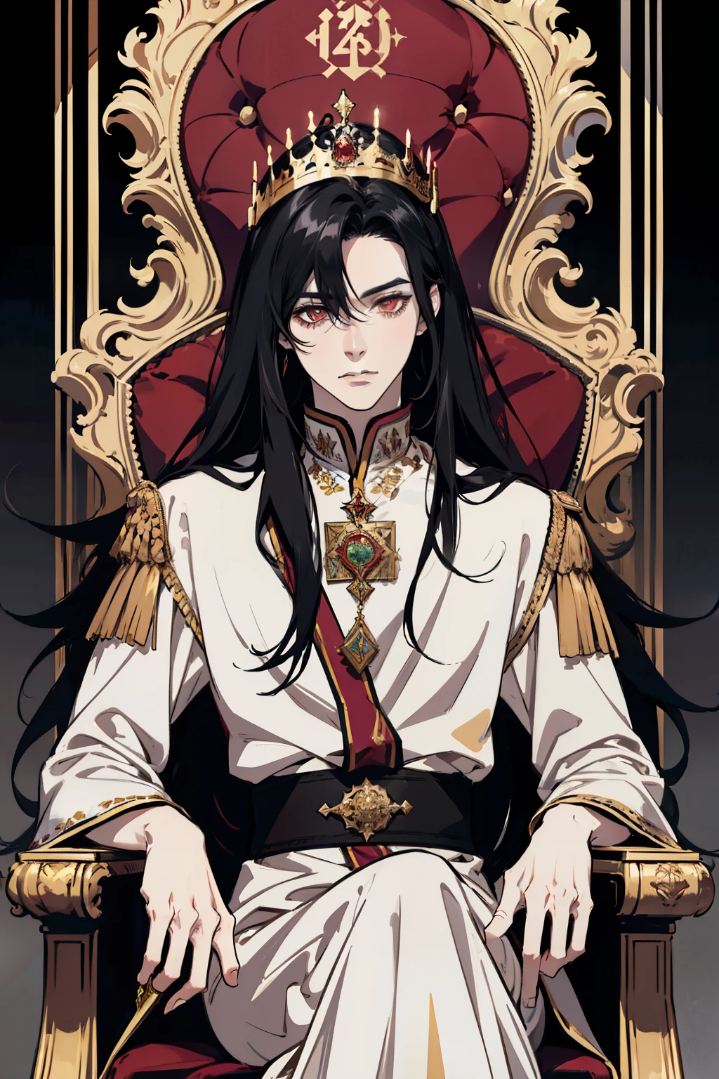 1 male, solo, masterpiece, best quality, (grin, looking back:0.5), (black hair, hair parted, long hair, fluffy hair:1.0), crimson eyes, pale skin, royalty, golden headpiece, throne room, Middle Ages, fantasy, confident, regal