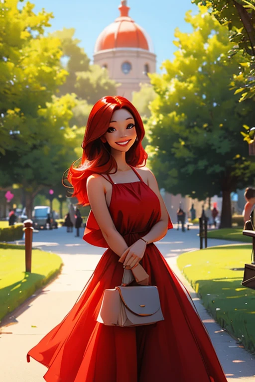 a red haired woman with red eyes and an hourglass figure in a cute summer dress is posing in the park with a big smile