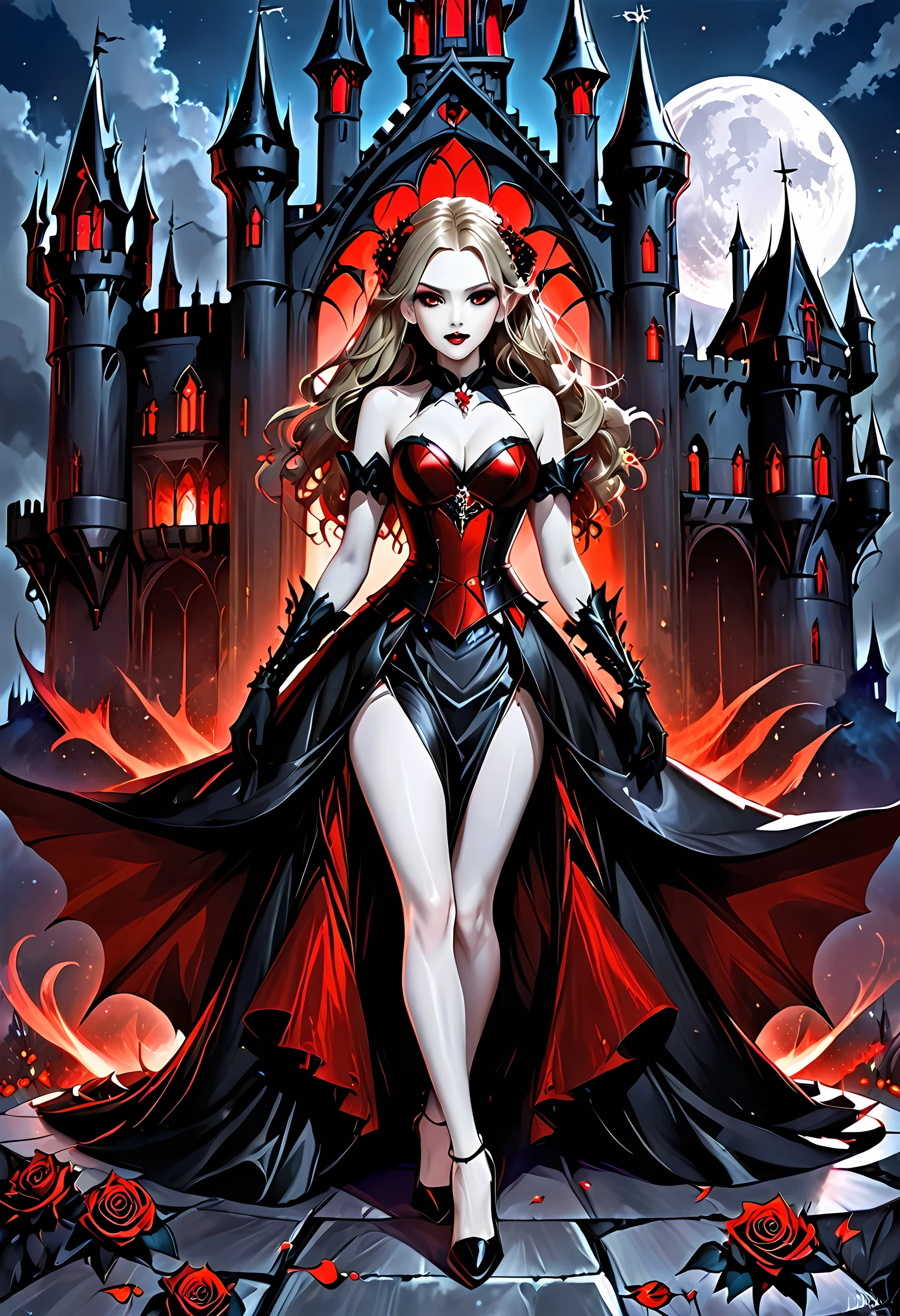Dark fantasy art, fantasy art, goth art,  a picture of a female vampire, exquisite beauty, full body shot, dark glamour shot,  pale white skin, dark blond hair, long hair, wavy hair, (grey: 1.3) eyes,  she  wears a (red: 1.5) dress, ArmoredDress, the dress is decorated with (black: 1.5) roses, betmd, high heels, dark castle background, porchm, RagingNebula