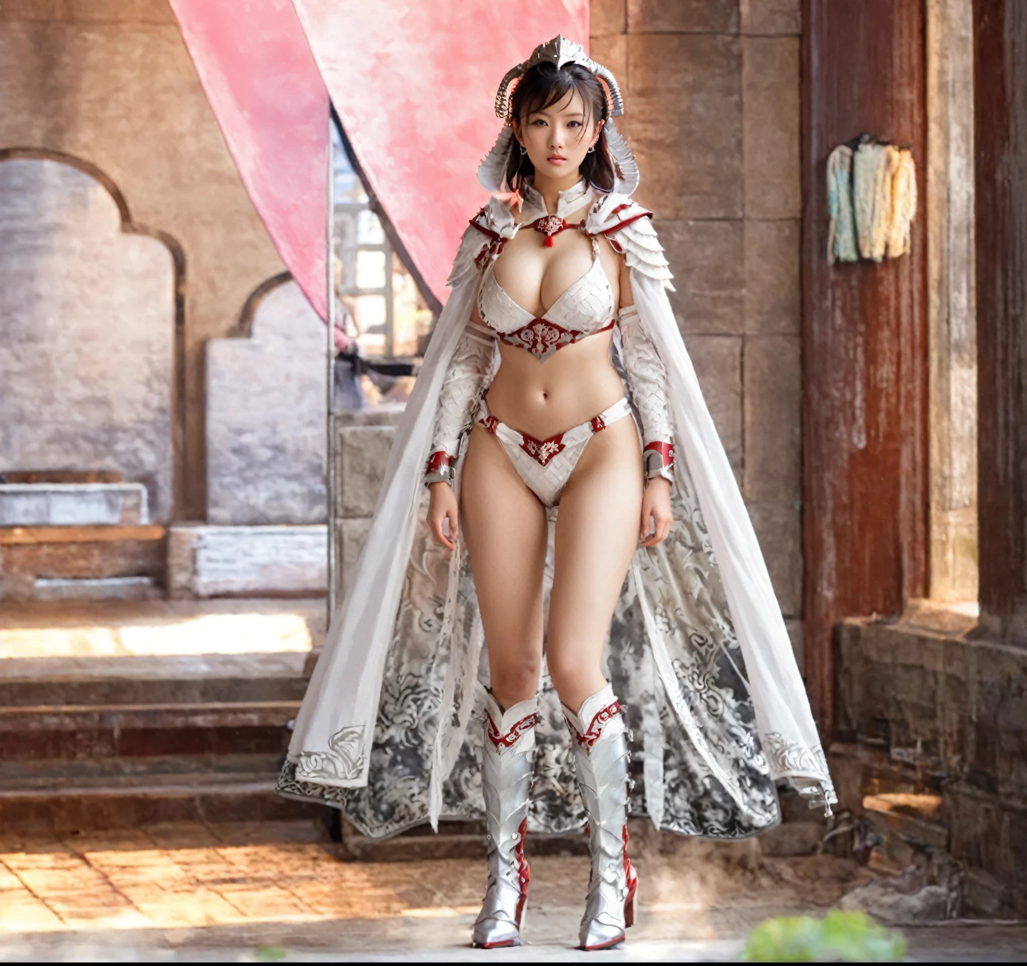 chinese princess warrior warrior,, Short hair girl, Lustful eyes, bikini red and white armor, almost naked, Huge breasts,Long-legged girl, Put on metal boots, long cloak