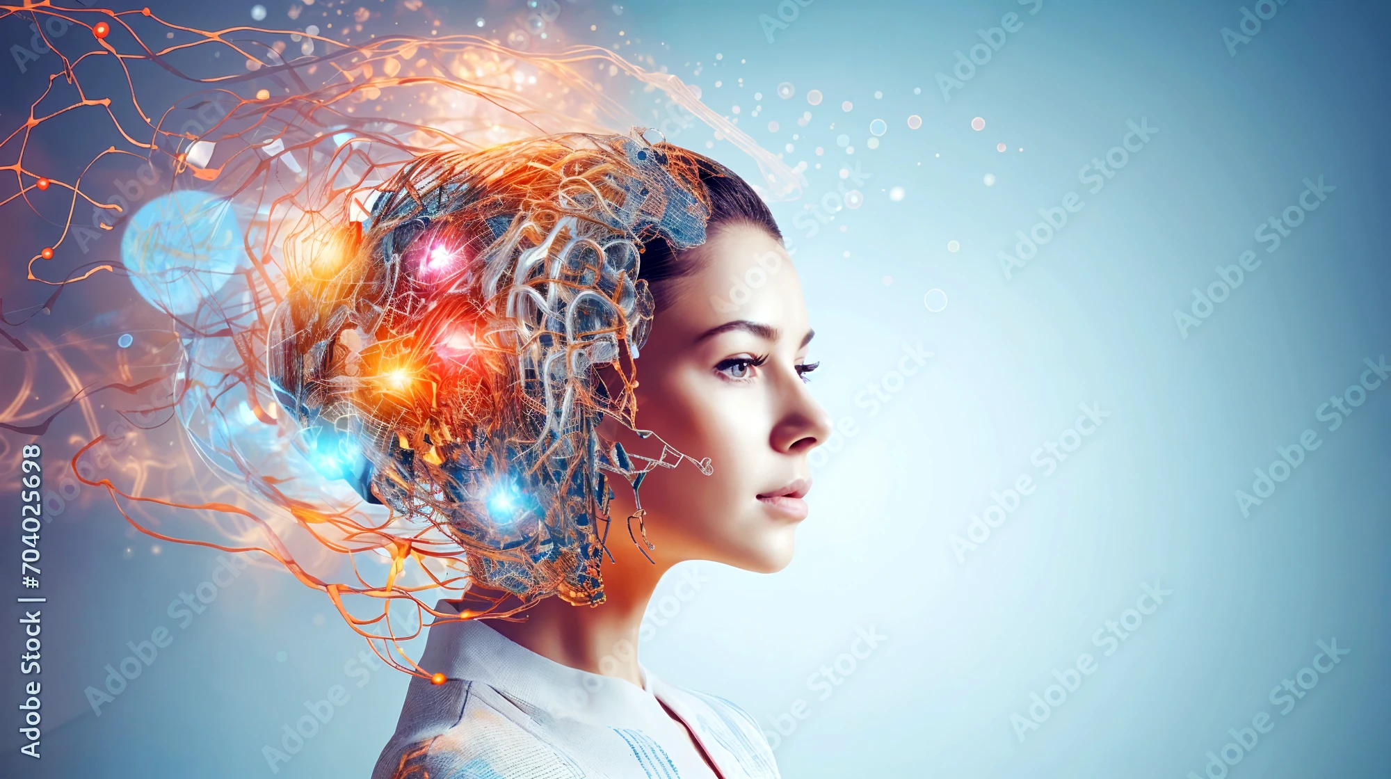 there is a woman with a colorful brain in her head, electronic brain, mental character, detailed glowing head, neuroscience, artistic illustration, female humanoid portrait, digitl art, digitl art, highly detailed vfx portrait of, visible circuit in the head, Nootropic Stimulant, synaesthesia, highly intricate in technicolor, por Adam Marczyński
