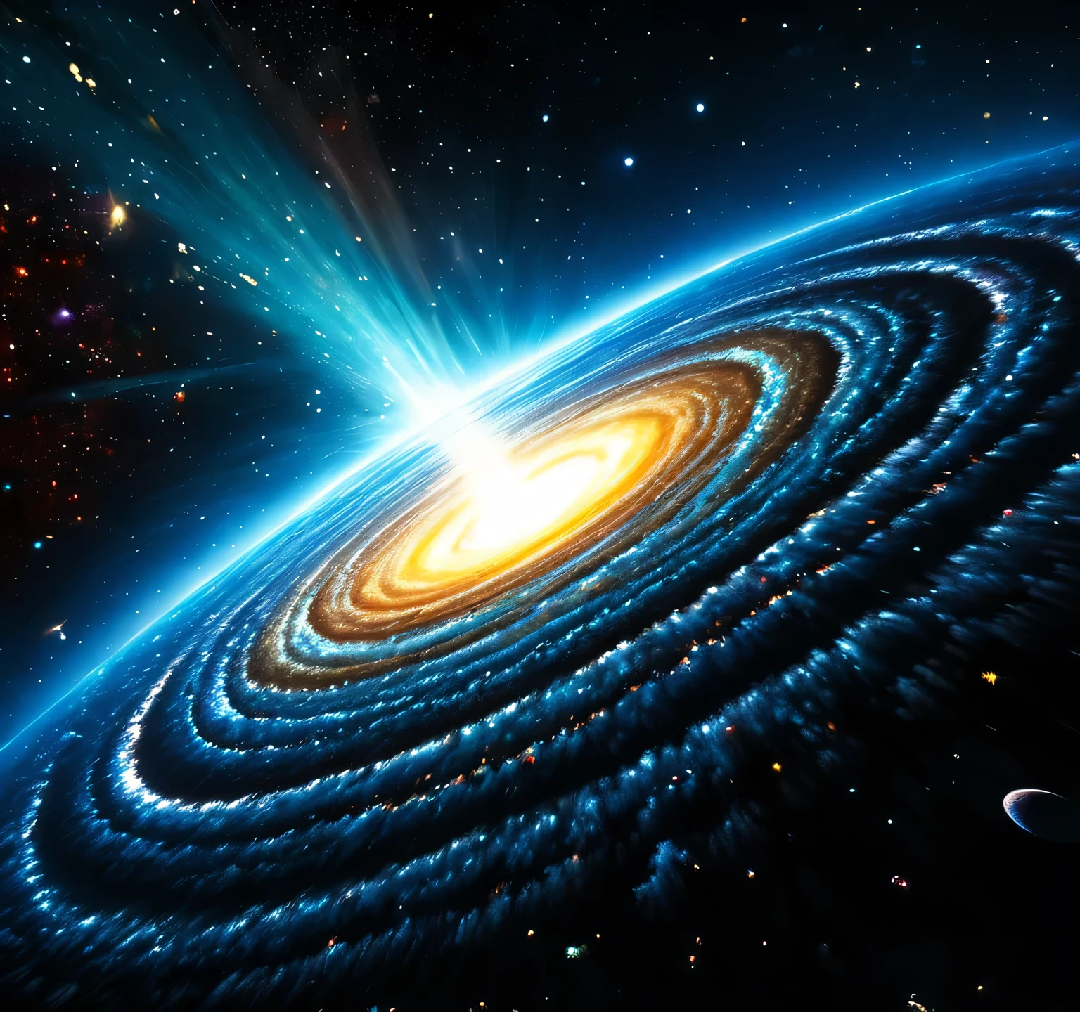 baseado nesse tema: The Beginning of Everything: Como Começou o Universo faça uma thumbnail para youtube, a cosmic explosion in deep space with galaxies forming in the background, um ambiente vasto e misterioso, with vibrant colors and dramatic light effects, Atmosphere of grandeur and wonder, digital illustration, High definition rendering with fine details and intense lighting, --ar 16:9 --v 5